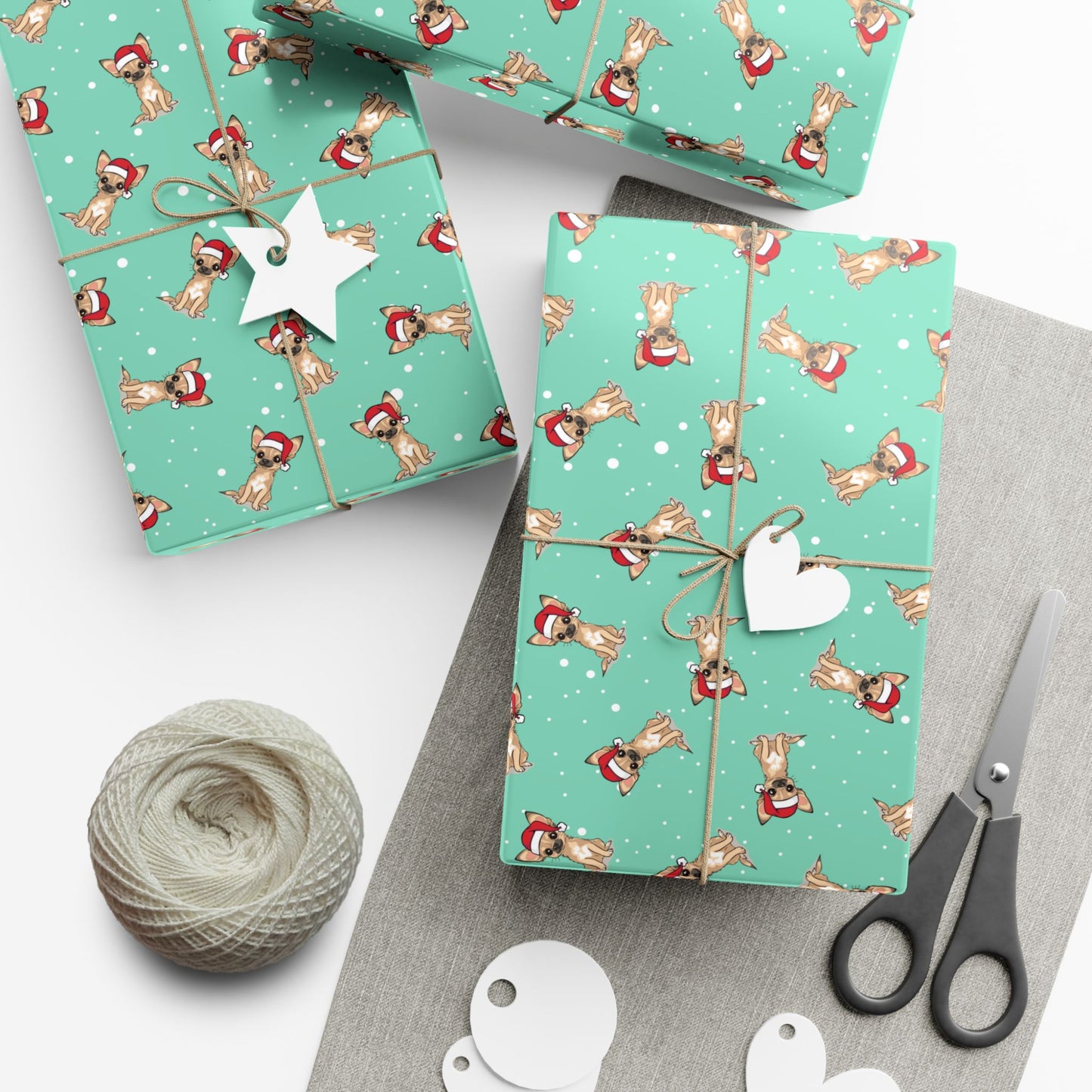 Chihuahua Dog Christmas Wrapping Paper, Puppy Dogs Print, Cheery Mint Green Holiday Gift Wrap With Snowy Xmas Puppies In Santa Hat