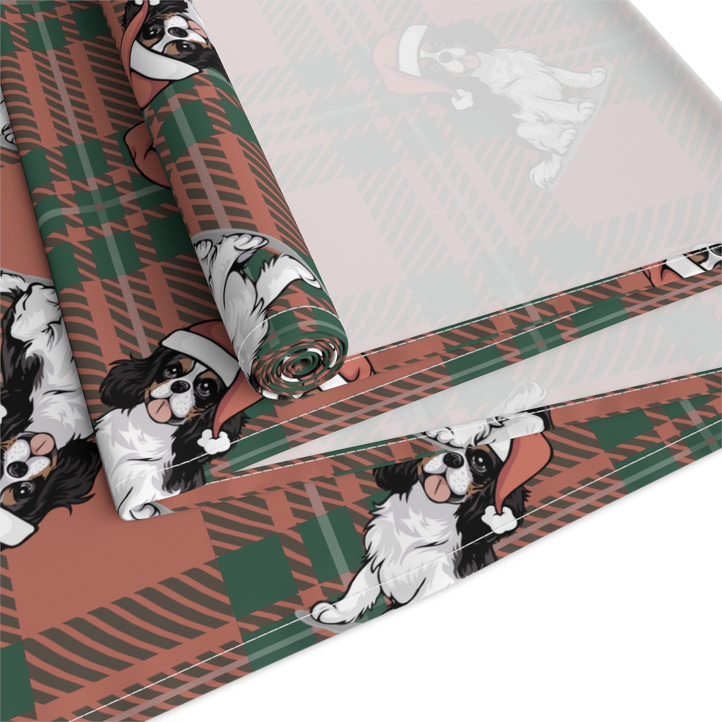 Festive Cavalier King Charles Spaniel Dog Holiday Table Runner, Christmas Home Decor, Dining Tablecloth Linens, Plaid Table Setting Runners