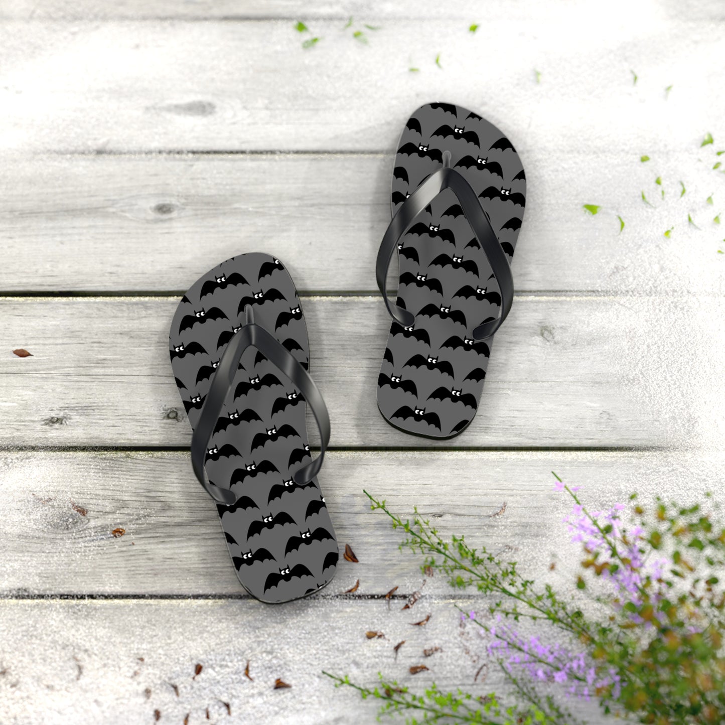 Bat Pattern Flip Flops | Black & Gray Goth Halloween Bats Print Sandals, Gothic Beach Pool Summer Footwear