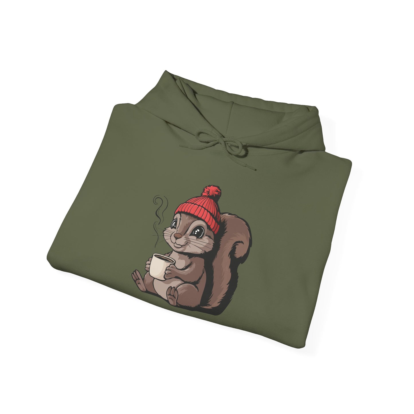 Cozy Squirrel  Pullover Hoodie Unisex Heavy Blend Hooded Sweatshirt with Squirrel in Beanie with Cup Of Coffee Graphic Print