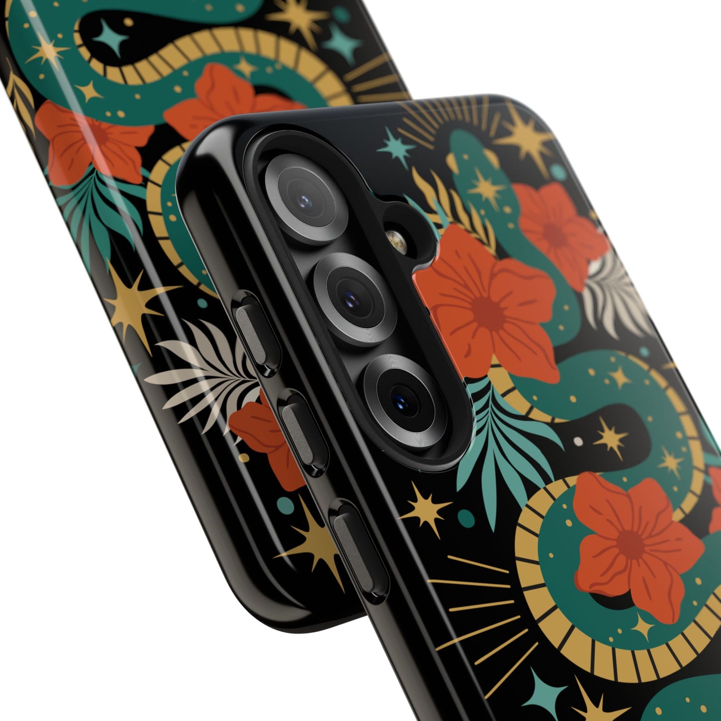 Mystic Snake Cell Phone Case, Black Tough Phone Cases Boho Serpent Snakes Floral Design