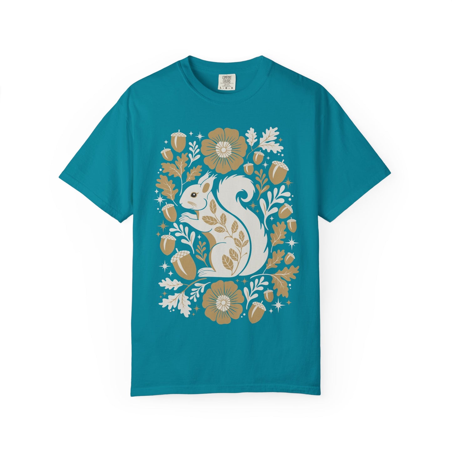 Woodland Squirrel Illustration T-shirt | Floral Acorn Oak Leaf Nature Design Squirrels Tee, 100% Cotton Short Sleeve Shirts