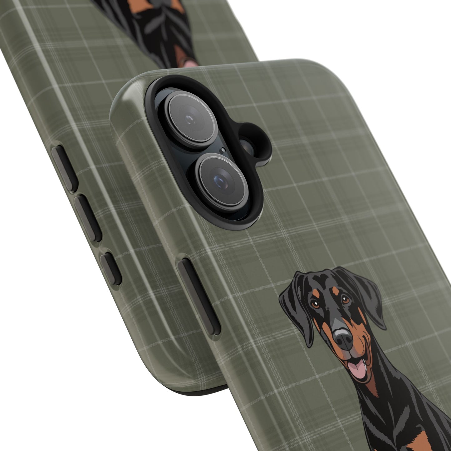Doberman Pinscher Dog Phone Case, Tough Phone Cases Pet Dogs Green Plaid Pattern