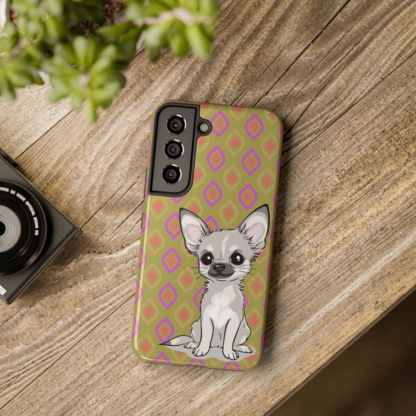 White Chihuahua Puppy Dog Phone Case, Tough Phone Cases Pet Dogs Retro Green  Pattern