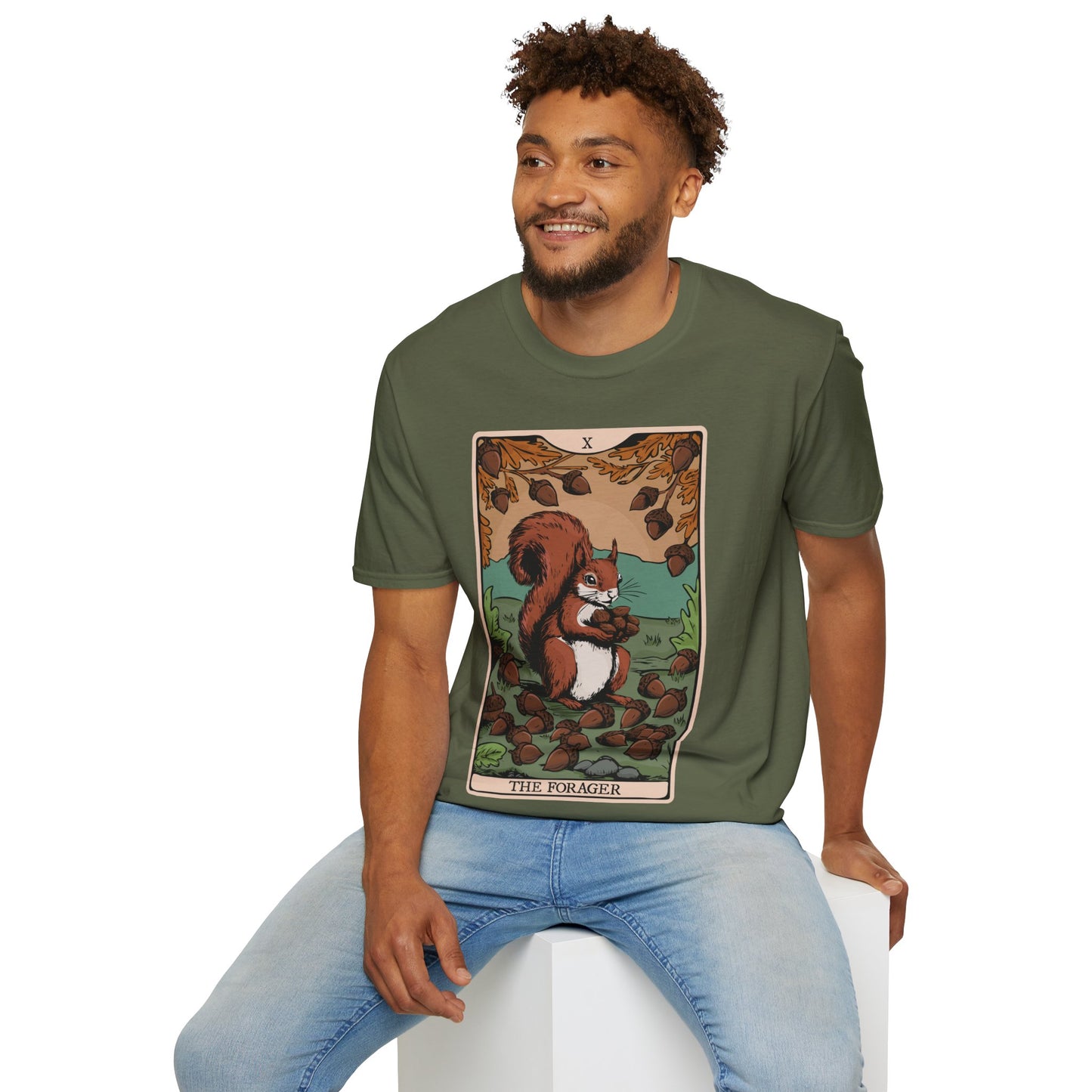 The Forager Squirrel Tarot Card T-shirt Softstyle Tee with Nut Foraging Squirrel Tarot Card Print