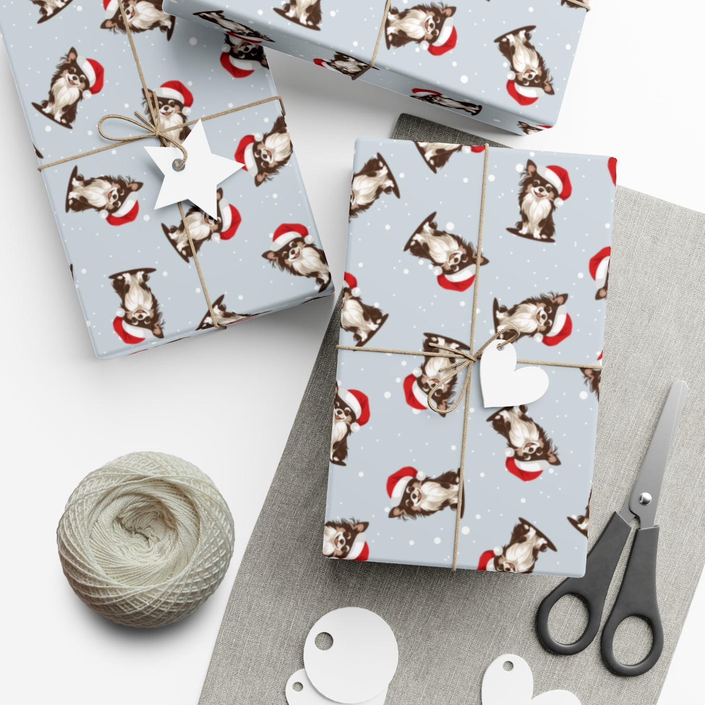 Long Haired Chihuahua Dog Christmas Wrapping Paper, Dogs Print, Cheery Holiday Gift Wrap With Snowy Xmas Puppy In Santa Hat