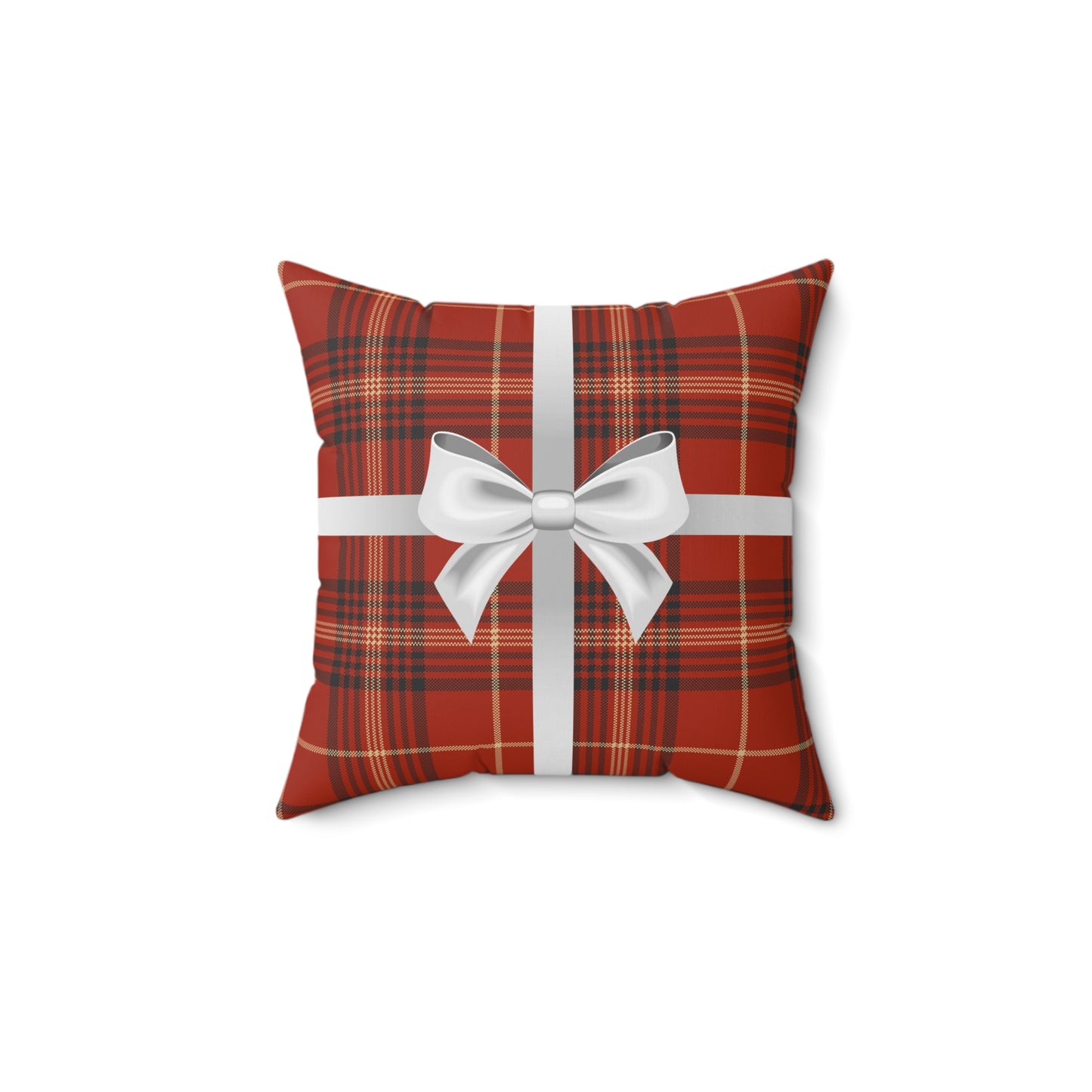 Holiday Gift Throw Pillow, White Bow on Red Plaid Wrapped Present Pillows, Christmas Home Decor Xmas Decorations
