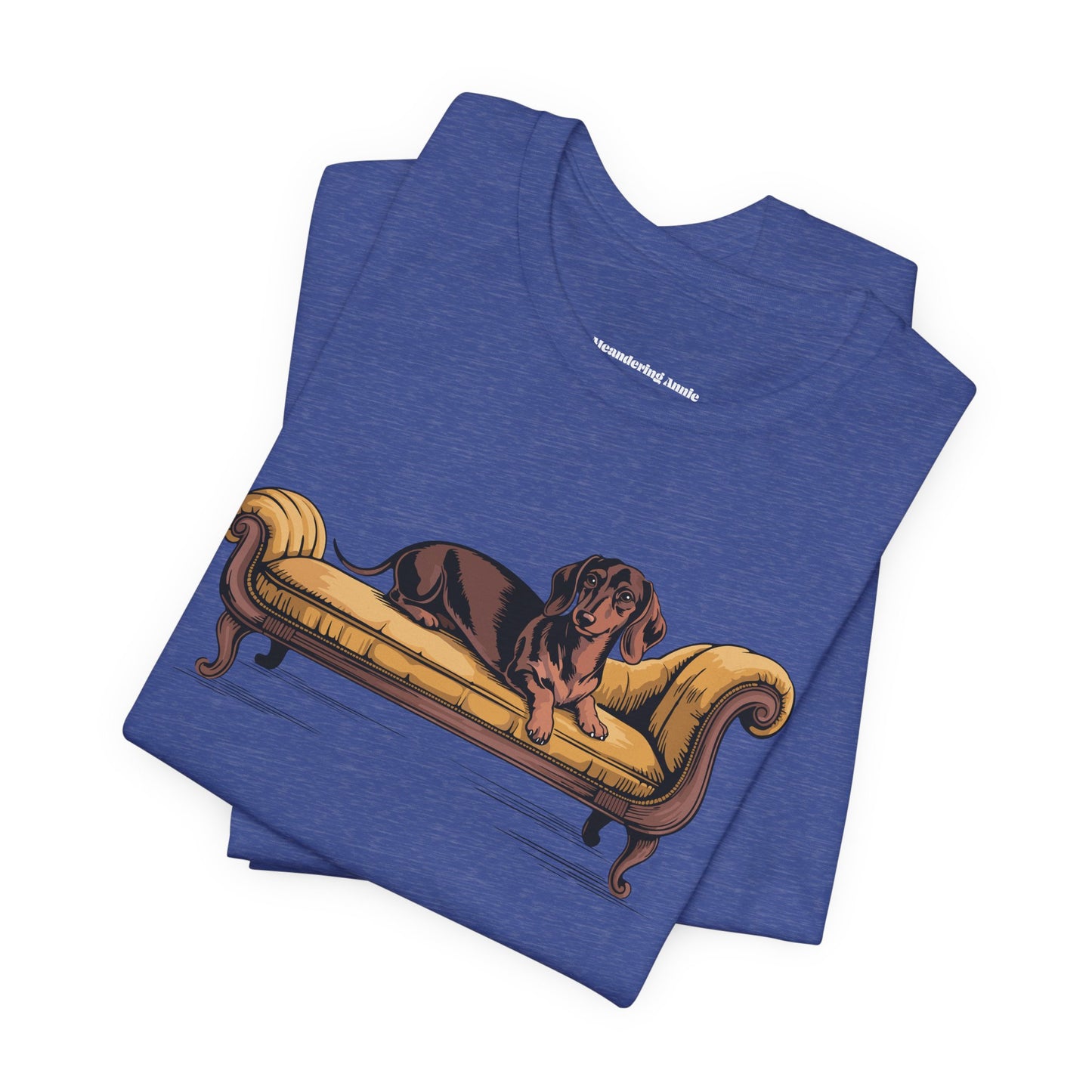 Dachshund Dog on Vintage Chaise Lounge T-Shirt | Wiener Dogs Sofa Illustration Short Sleeve Cotton Tee Shirts