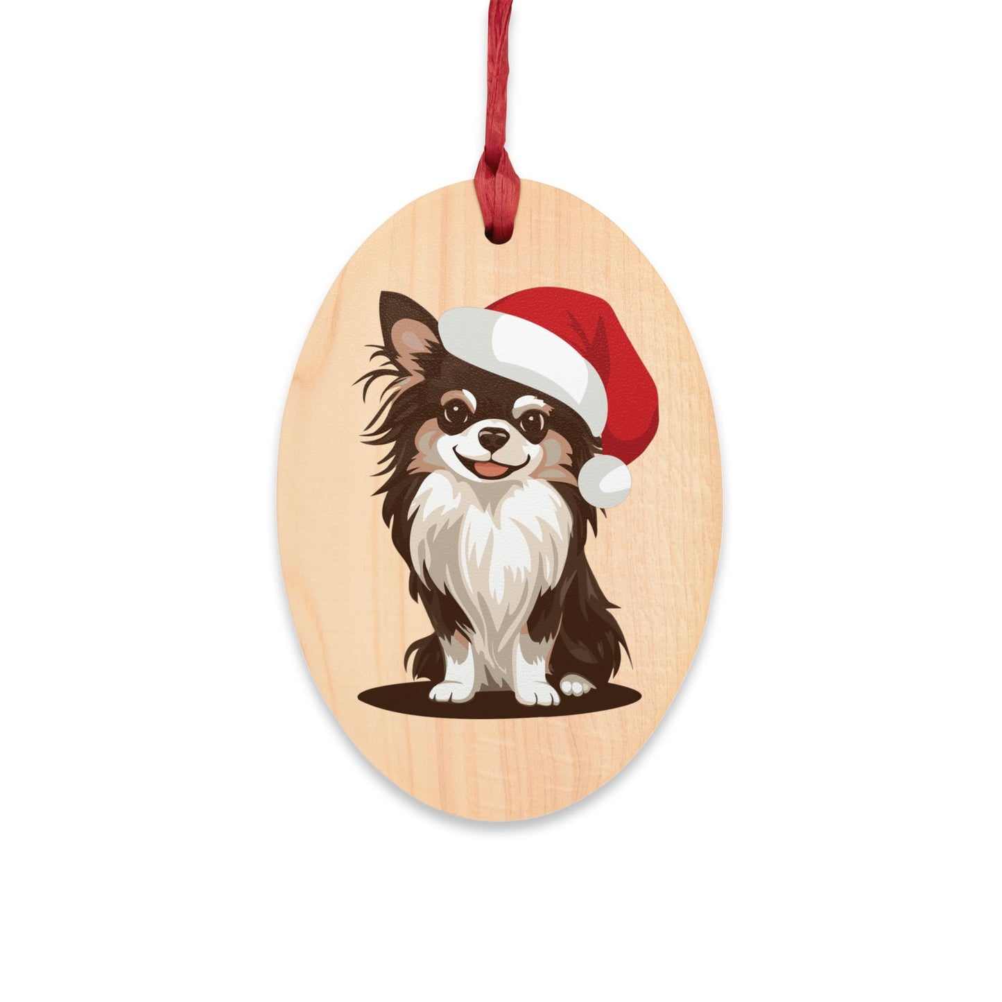 Holiday Long Haired Chihuahua Dog Wooden Christmas Tree Ornaments, Xmas Dogs Santa Hat Oval Or Heart Shape Ornament Seasonal Decor