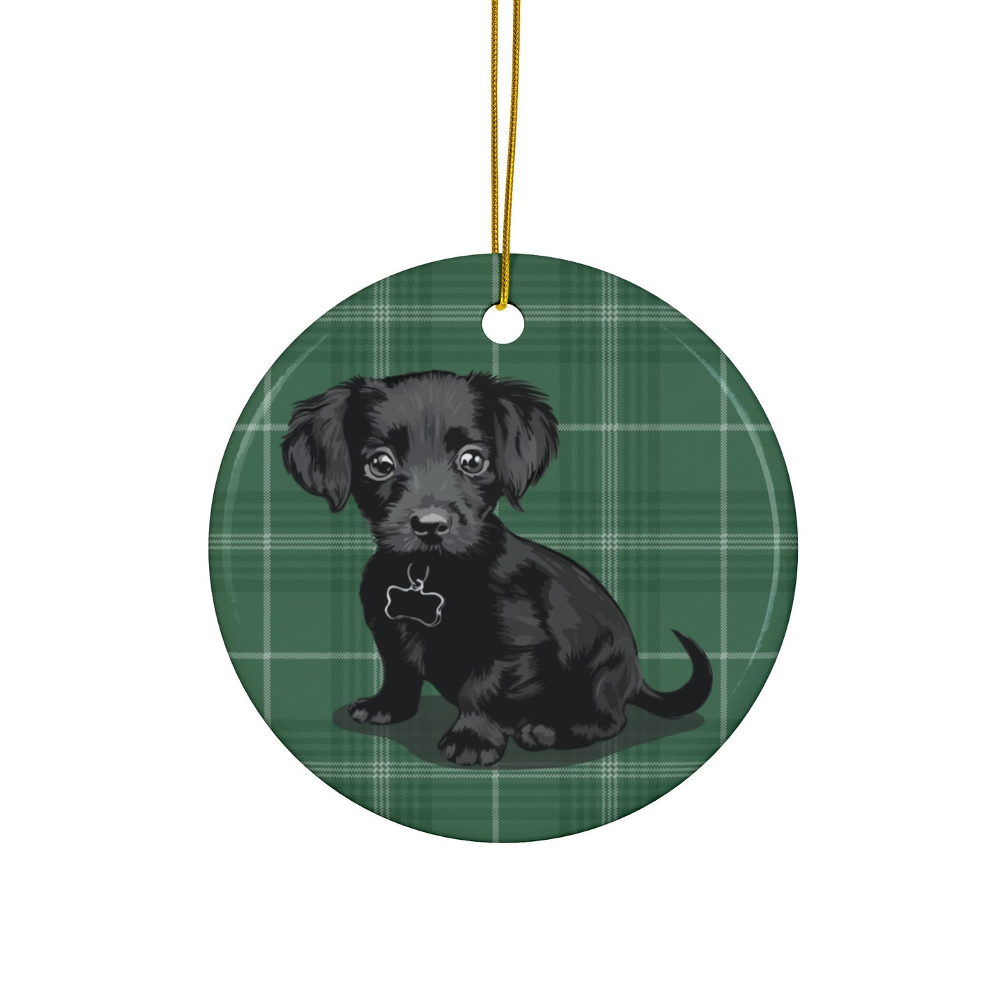 Black Chiweenie Puppy Dogs Green Plaid Christmas Tree Ornament, Festive Xmas Holiday Decorations 1, 3, 5, 10 Pack Ornaments