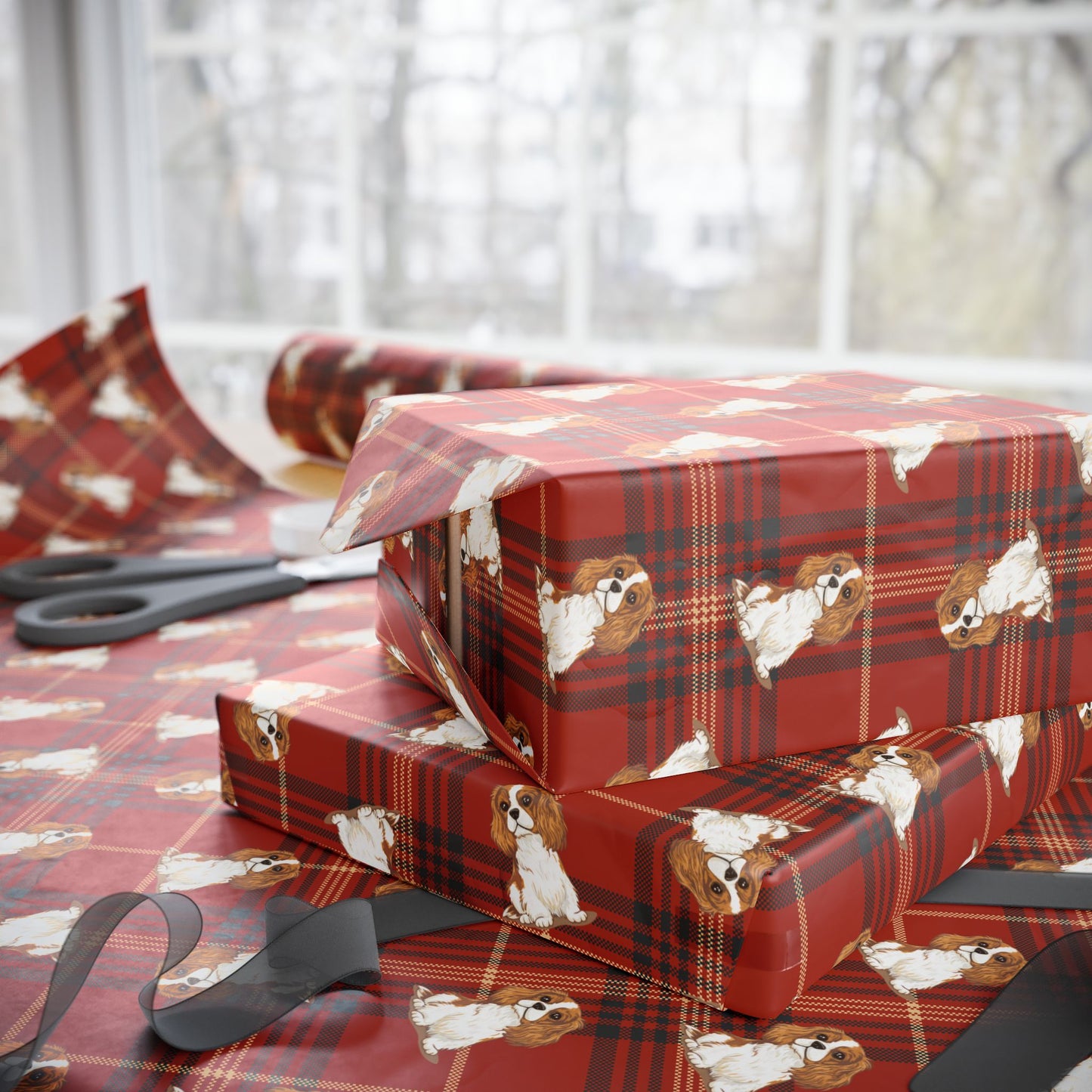 Cavalier King Charles Spaniel Dog Wrapping Paper, Red Plaid Dogs Print Gift Wrap Roll, Christmas Holiday Birthday Matte Wrapping Papers