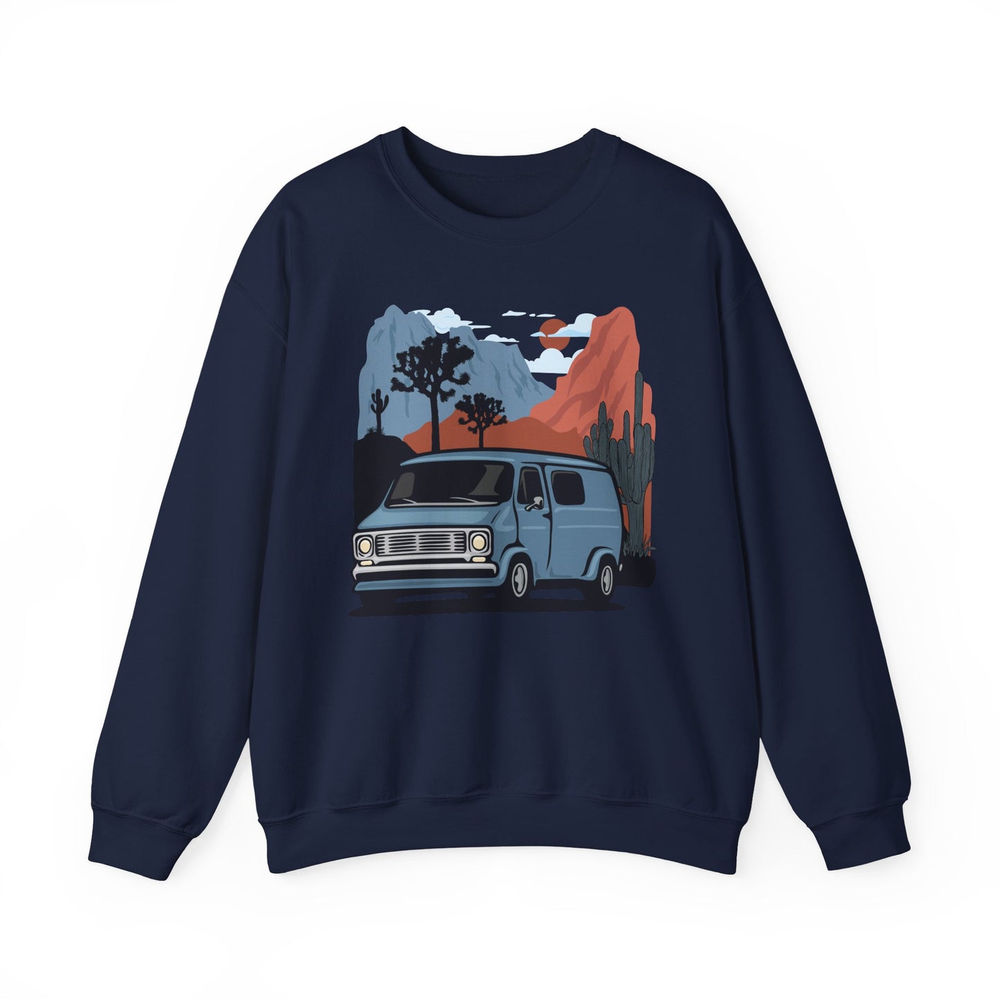 Arizona Desert Vanlife Camper Van Sweatshirt - Long Sleeve Crew Neck Sweater Retro Van in Joshua Tree & Cactus Landscape