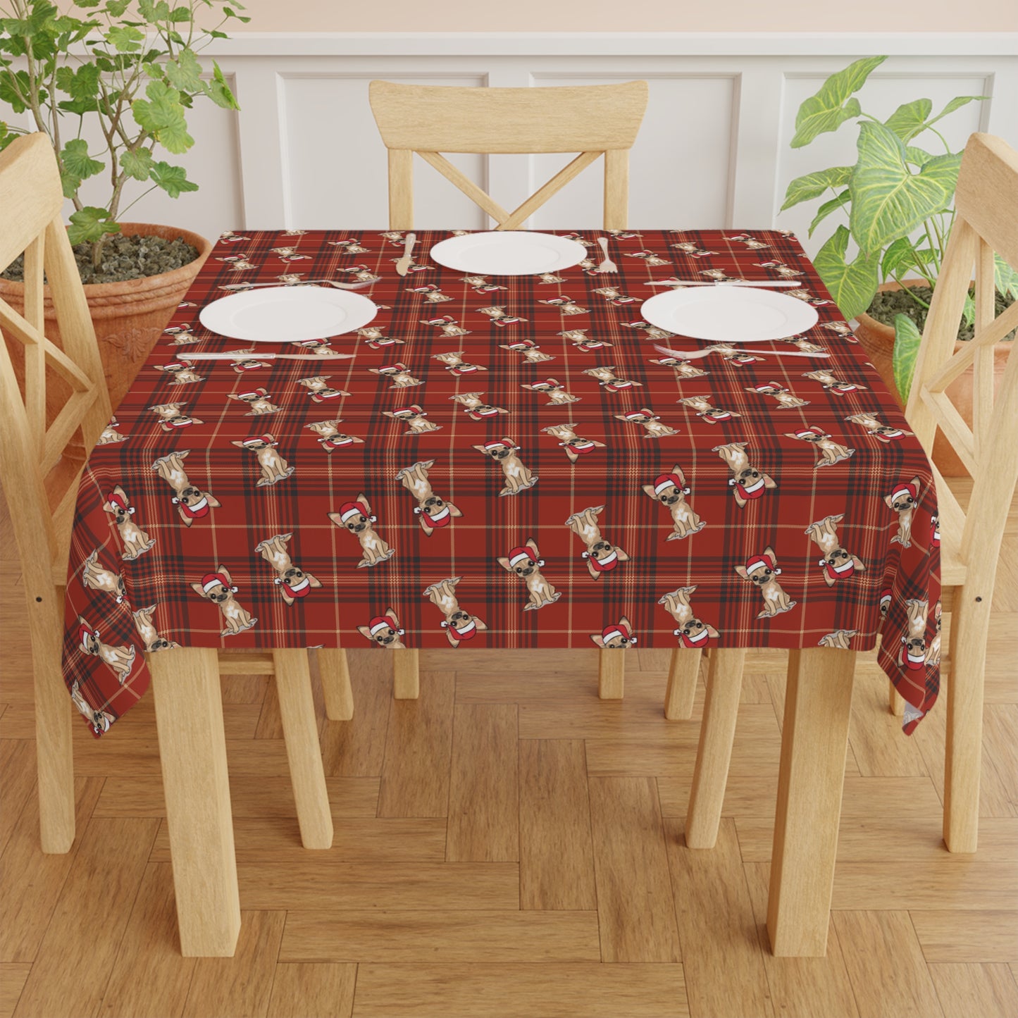 Christmas Chihuahua Puppy Dog Tablecloth, Plaid Holiday Santa Chihuahuas Dogs Table Cloth, Festive Home Decor, Winter Party Dining Setting