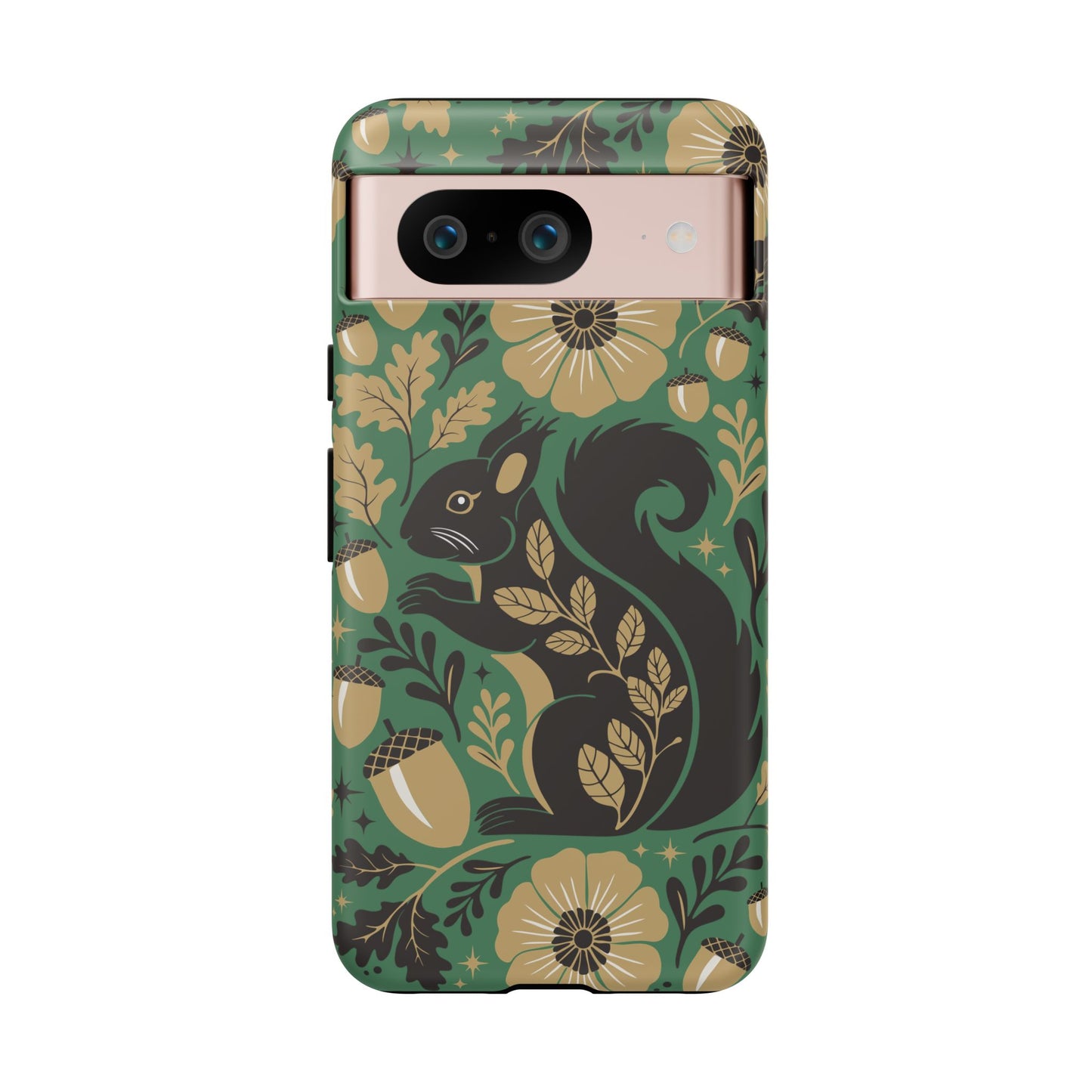 Green Squirrel Floral Pattern Cell Phone Case | Botanical Folk Art Acorn Leaves Design, Iphone Google Pixel Samsung Cases Matte Finish
