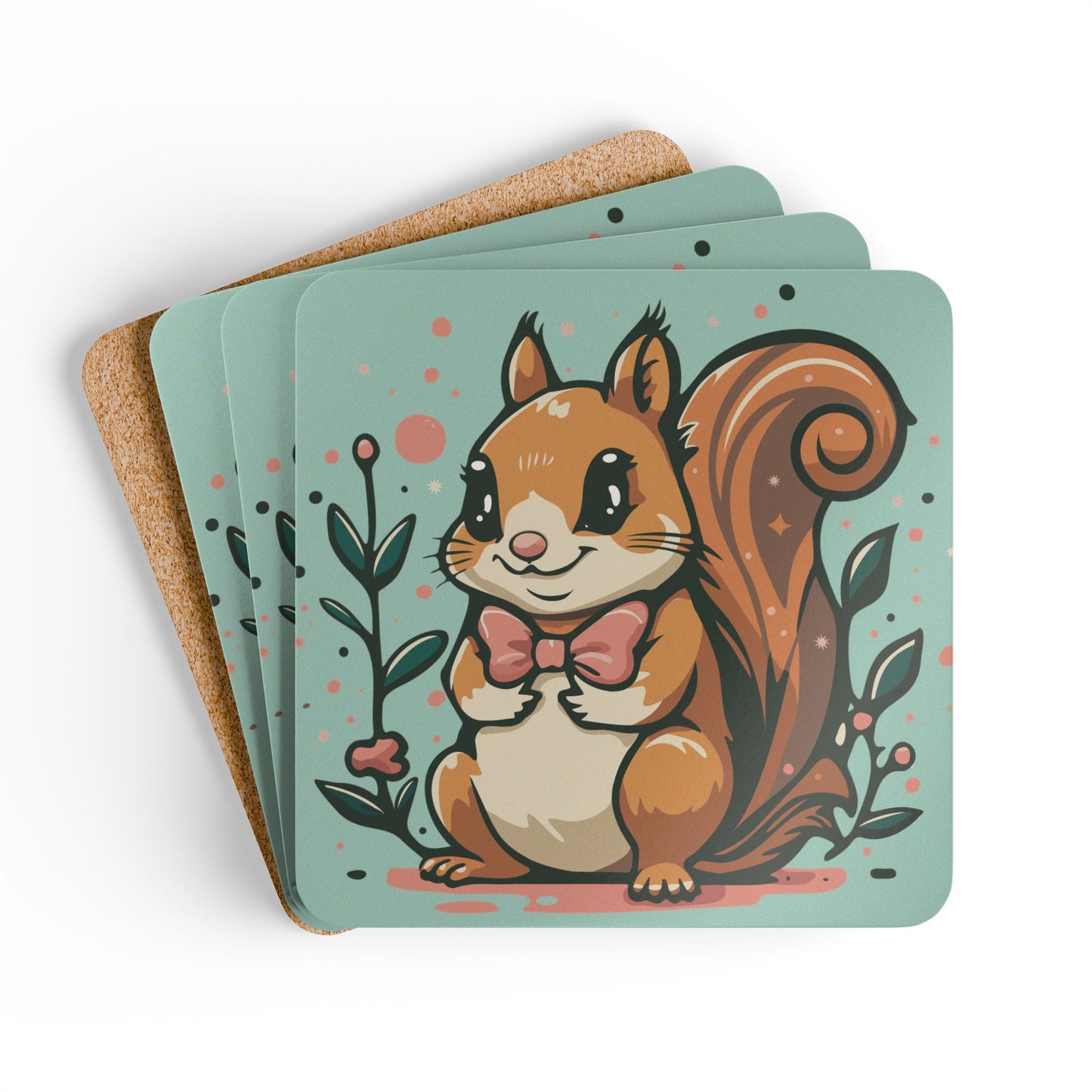 Woodland Squirrel 4 Pack Coasters Corkwood Coaster Set with Cute Squirrel Design