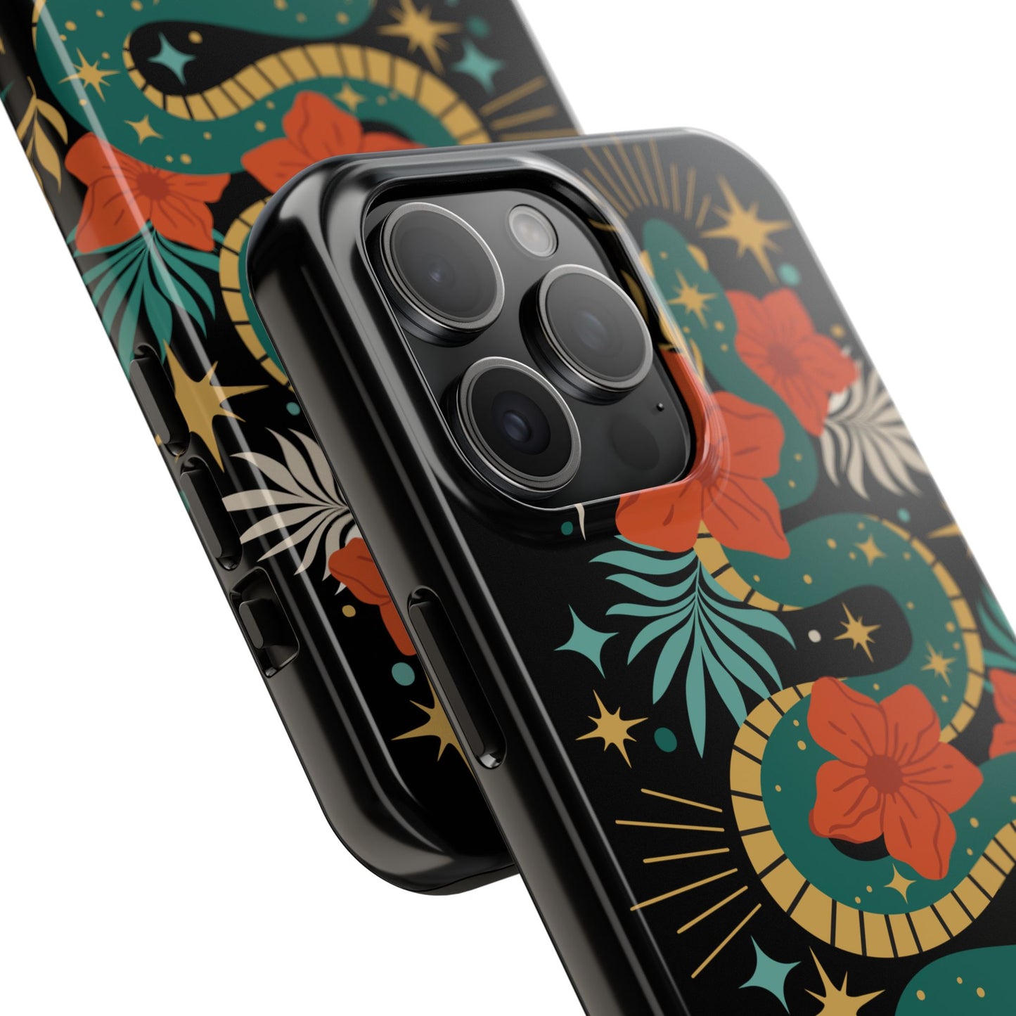 Mystic Snake Cell Phone Case, Black Tough Phone Cases Boho Serpent Snakes Floral Design