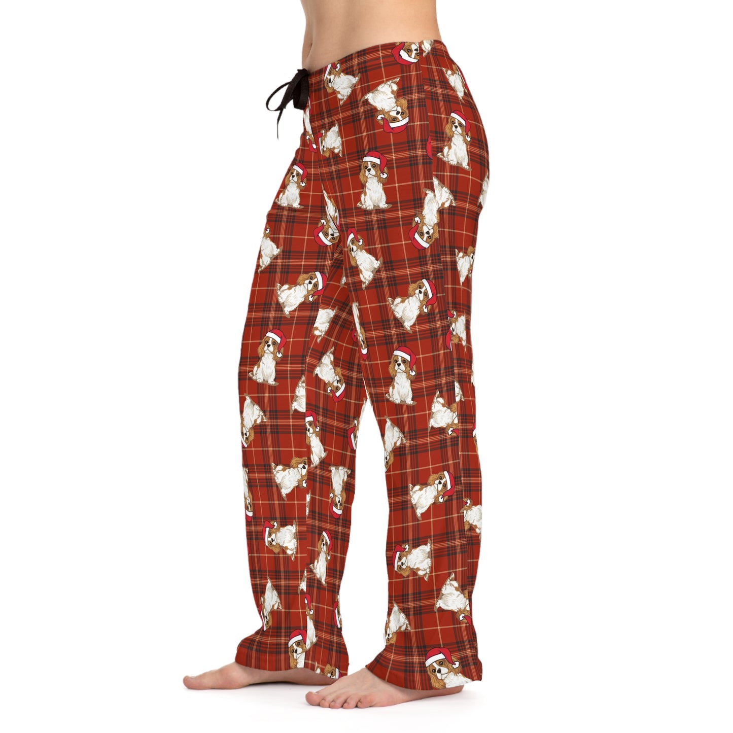 Red Plaid Cavalier King Charles Spaniel Dog  Women's Christmas Pajama Pants, Santa Dogs PJ Bottoms, Winter Loungewear, Holiday Sleepwear