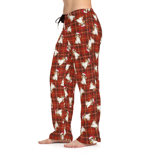 Red Plaid Cavalier King Charles Spaniel Dog  Women's Christmas Pajama Pants, Santa Dogs PJ Bottoms, Winter Loungewear, Holiday Sleepwear