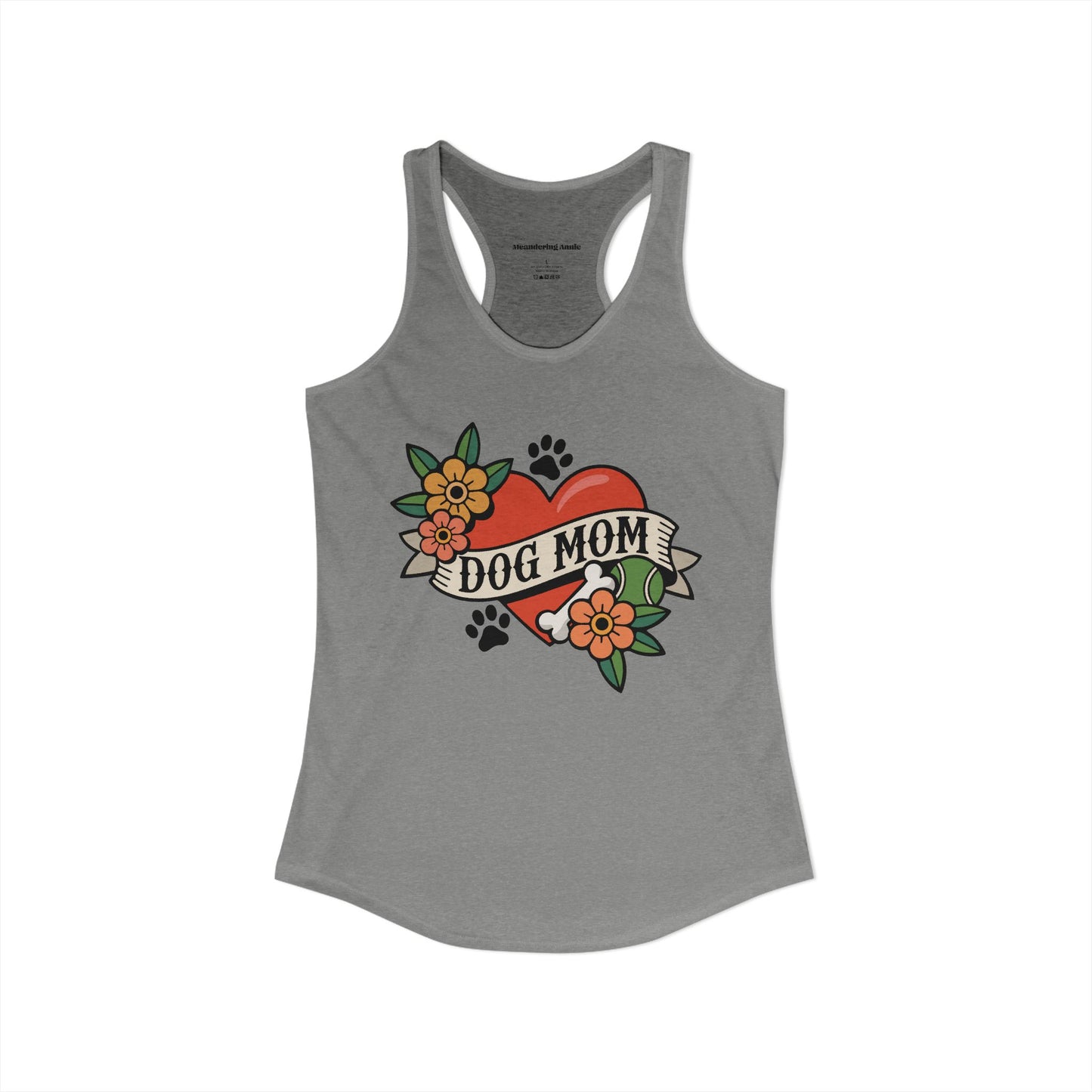 Dog Mom Heart Tattoo Racerback Tank Top, Womens Vintage Tattoos Dogs Paw Prints Artwork, Childless Dog Lady Sleeveless Shirt