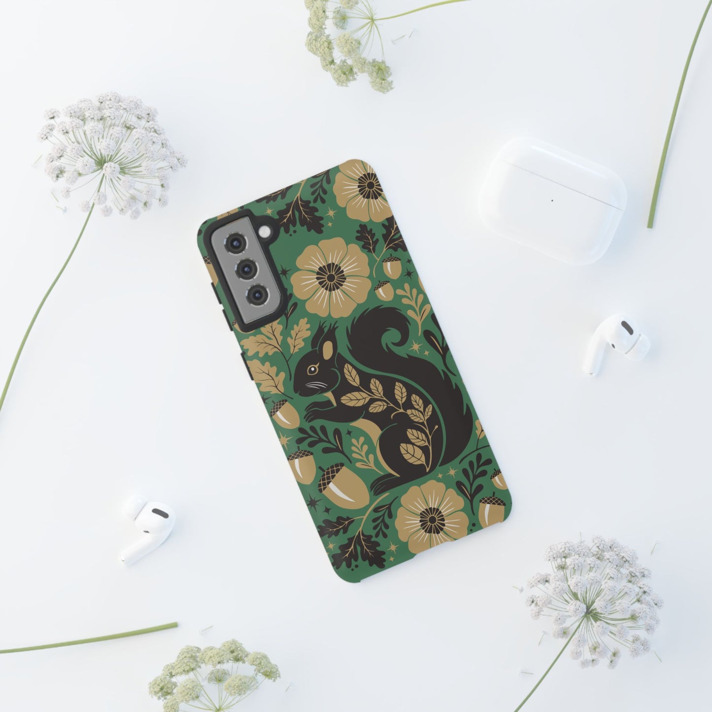 Green Squirrel Floral Pattern Cell Phone Case | Botanical Folk Art Acorn Leaves Design, Iphone Google Pixel Samsung Cases Matte Finish