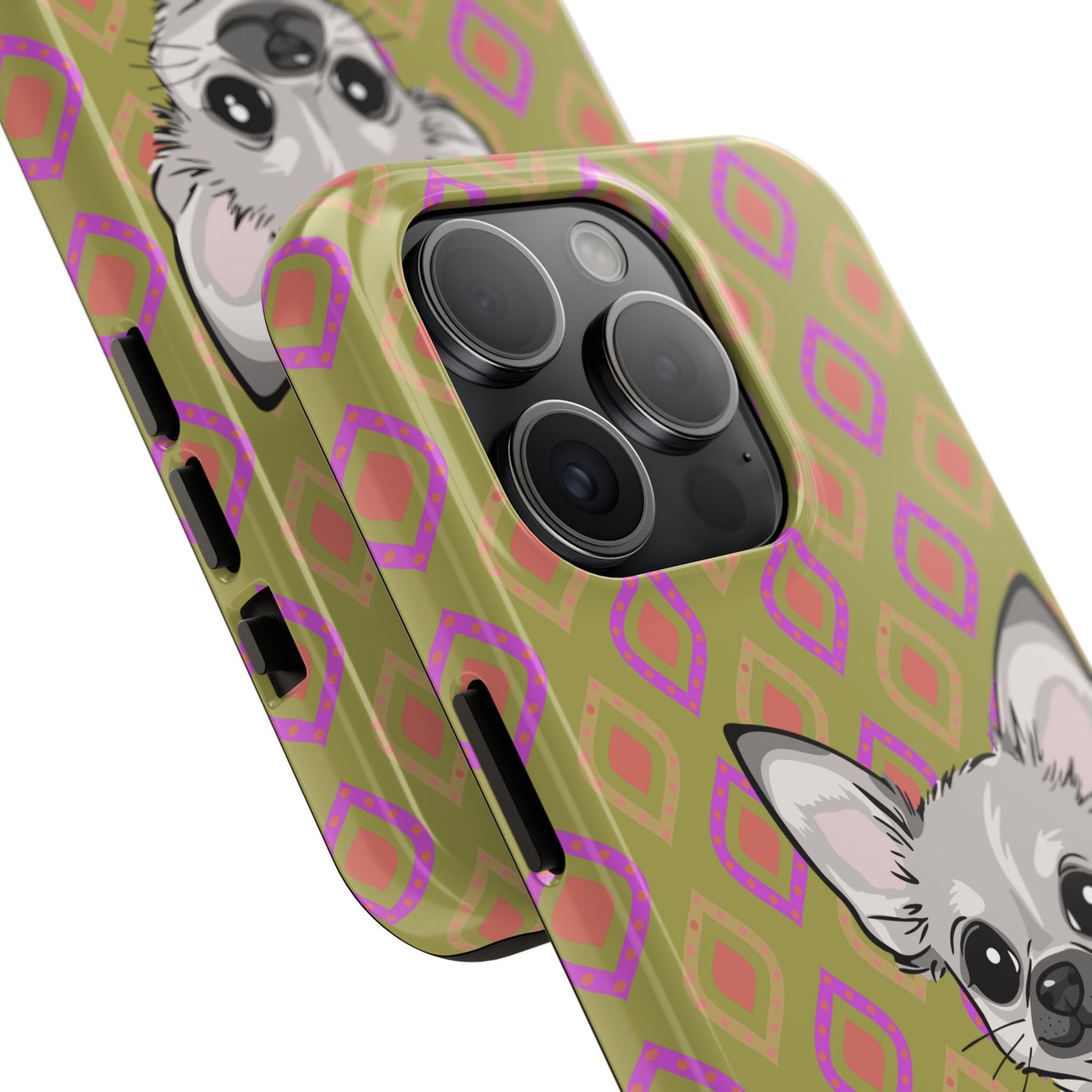 White Chihuahua Puppy Dog Phone Case, Tough Phone Cases Pet Dogs Retro Green  Pattern