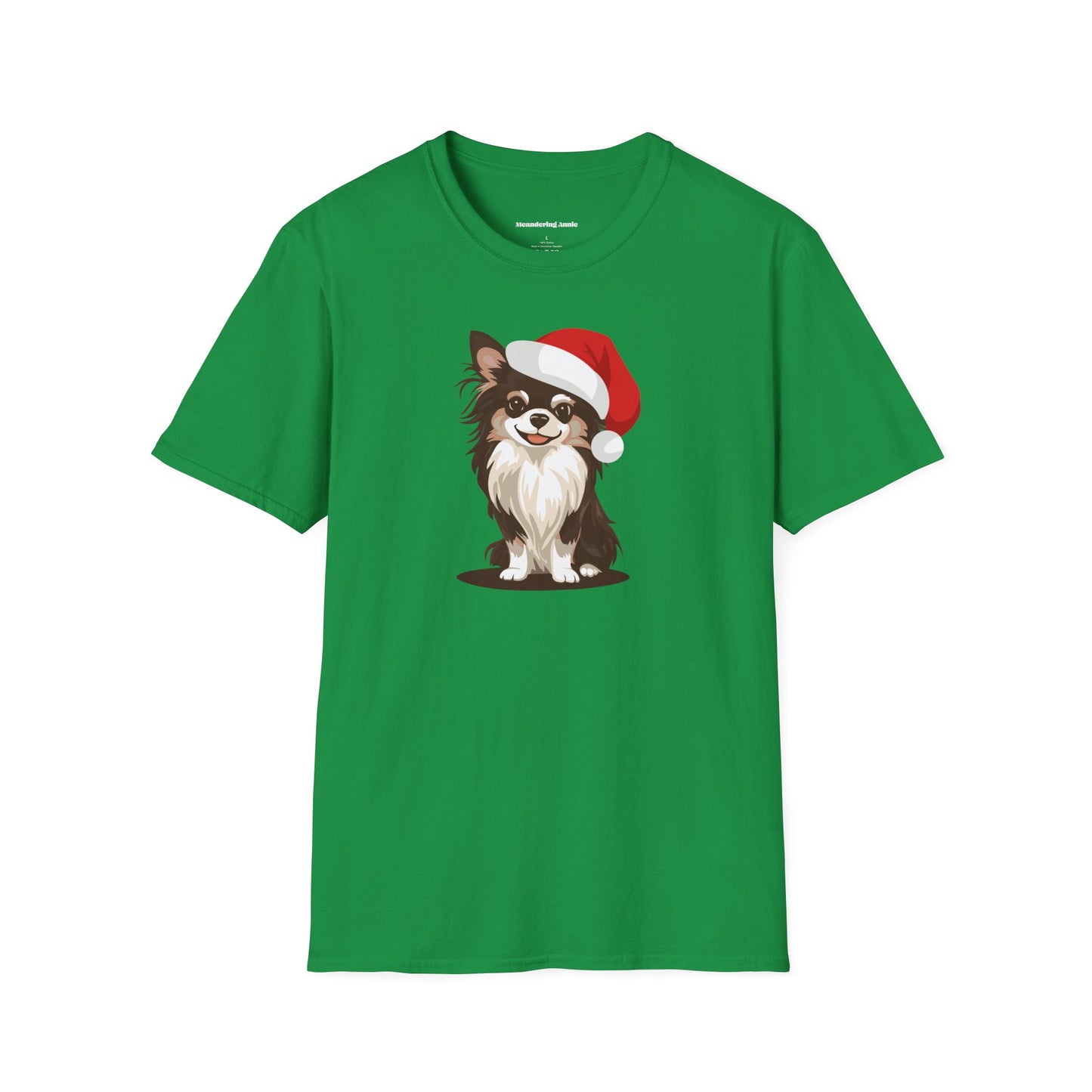 Christmas Long Haired Chihuahua Dog T-Shirt, Festive Holiday Xmas Pet Chihuahuas In Santa Hat Cotton Tee