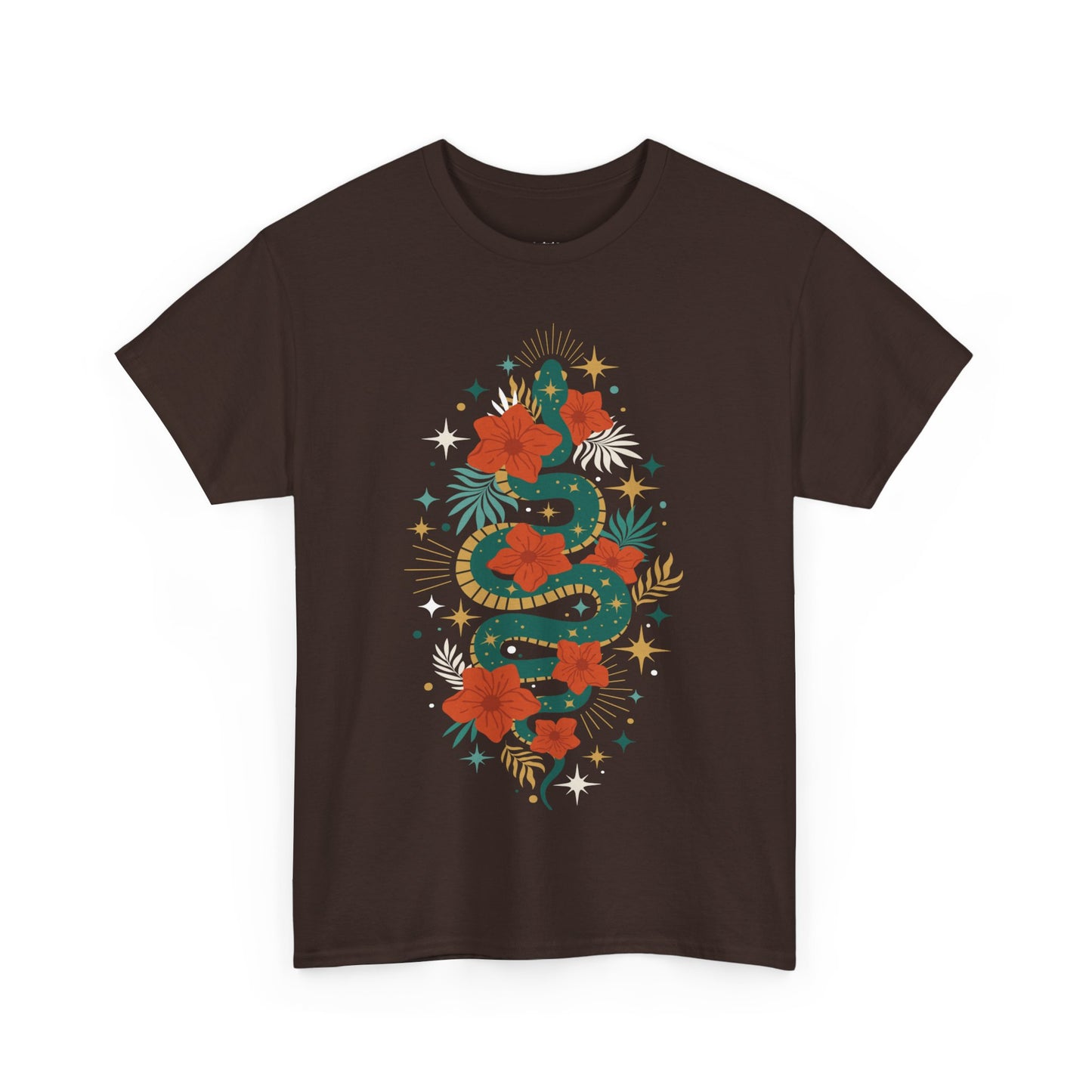 Boho Jade Snake Stars Flowers Cotton Tee, Unisex T-Shirt, Hippie Graphic Print Shirt, Bohemian Festival Top, Celestial Serpent Tee