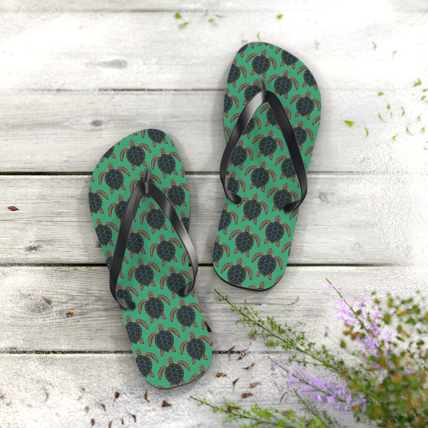 Sea Turtle Pattern Flip Flops | Tropical Green Turtles Beach Sandals, Summer Vacation Pool Attire Ocean Wildlife Nature Pattern
