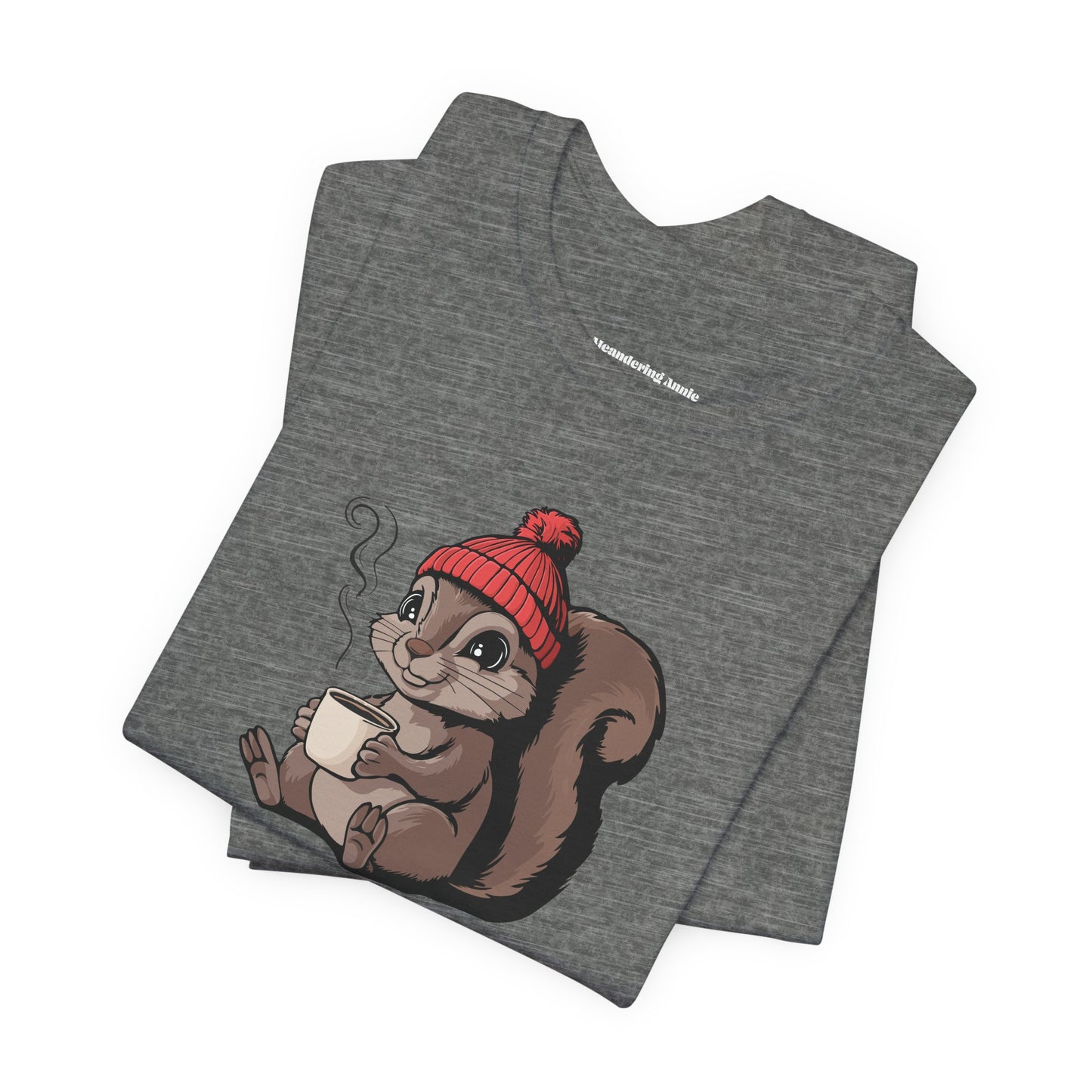 Cozy Squirrel with Coffee T-Shirt | Cute Fall Squirrels Woodland Animal Tee, Short Sleeve Graphic Print Shirts