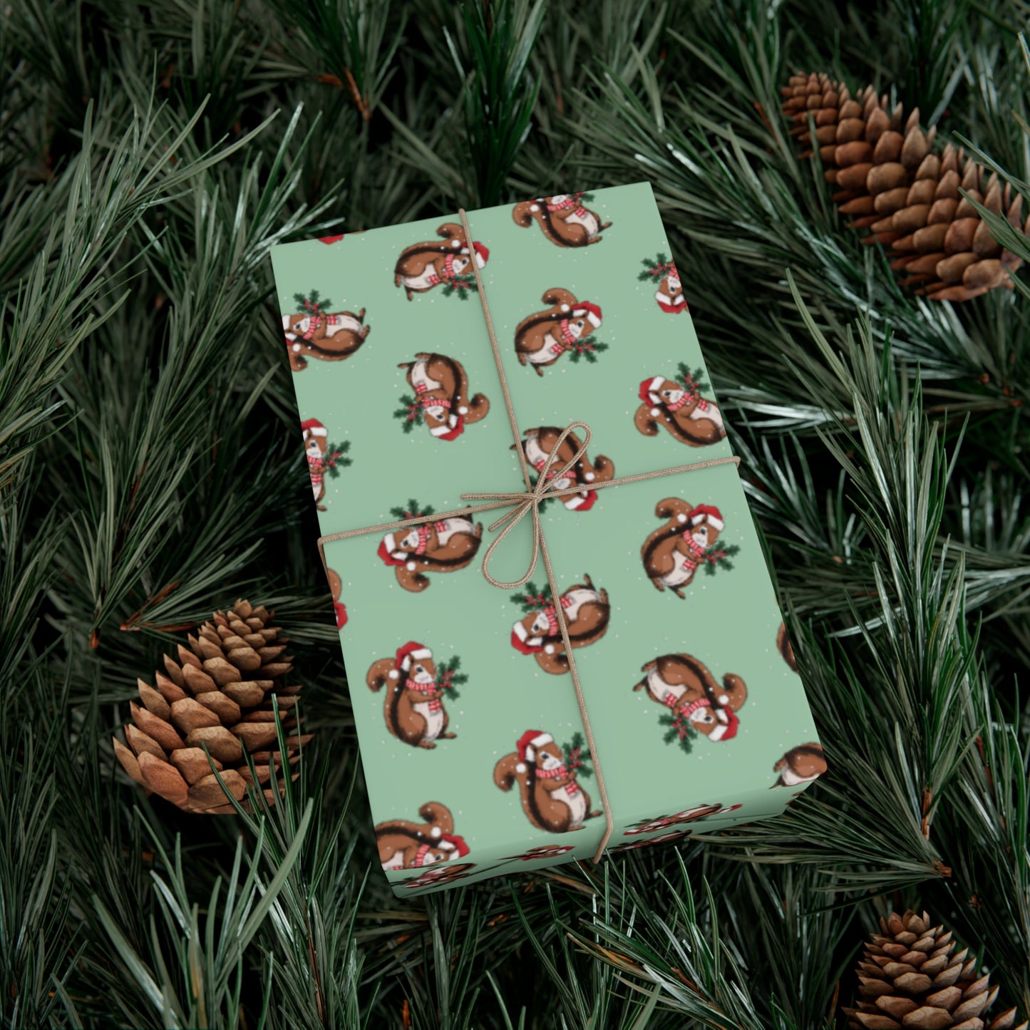 Squirrel Christmas Wrapping Paper, Festive Snowy Santa Squirrels Holiday Print, Sage Green Gift Wrap Xmas