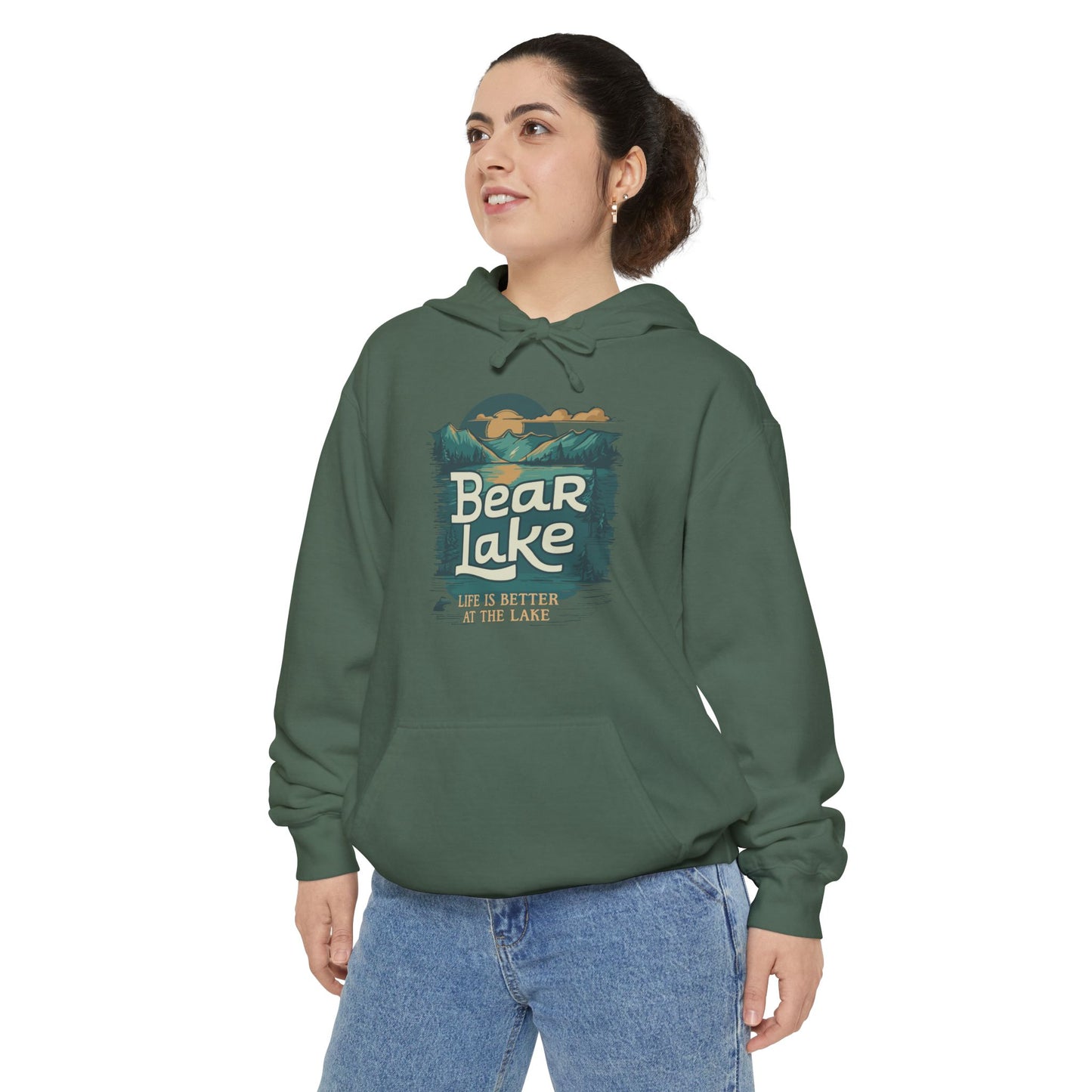 Bear Lake Scenic Mountain View Unisex Garment-Dyed Pullover Hoodie Hooded Sweatshirt with Utah Idaho Vacation Destination