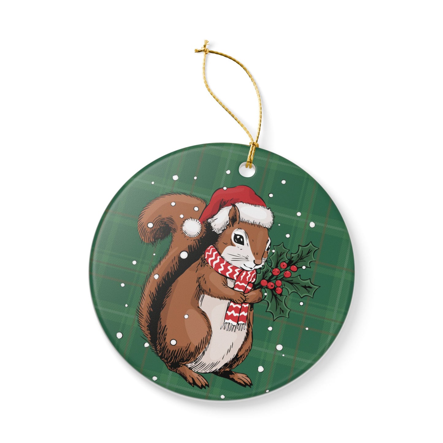Santa Squirrel Christmas Tree Ornament, Xmas Squirrels Holiday Decorations, Green Plaid Ceramic Ornaments, Woodland Animals Theme Decor