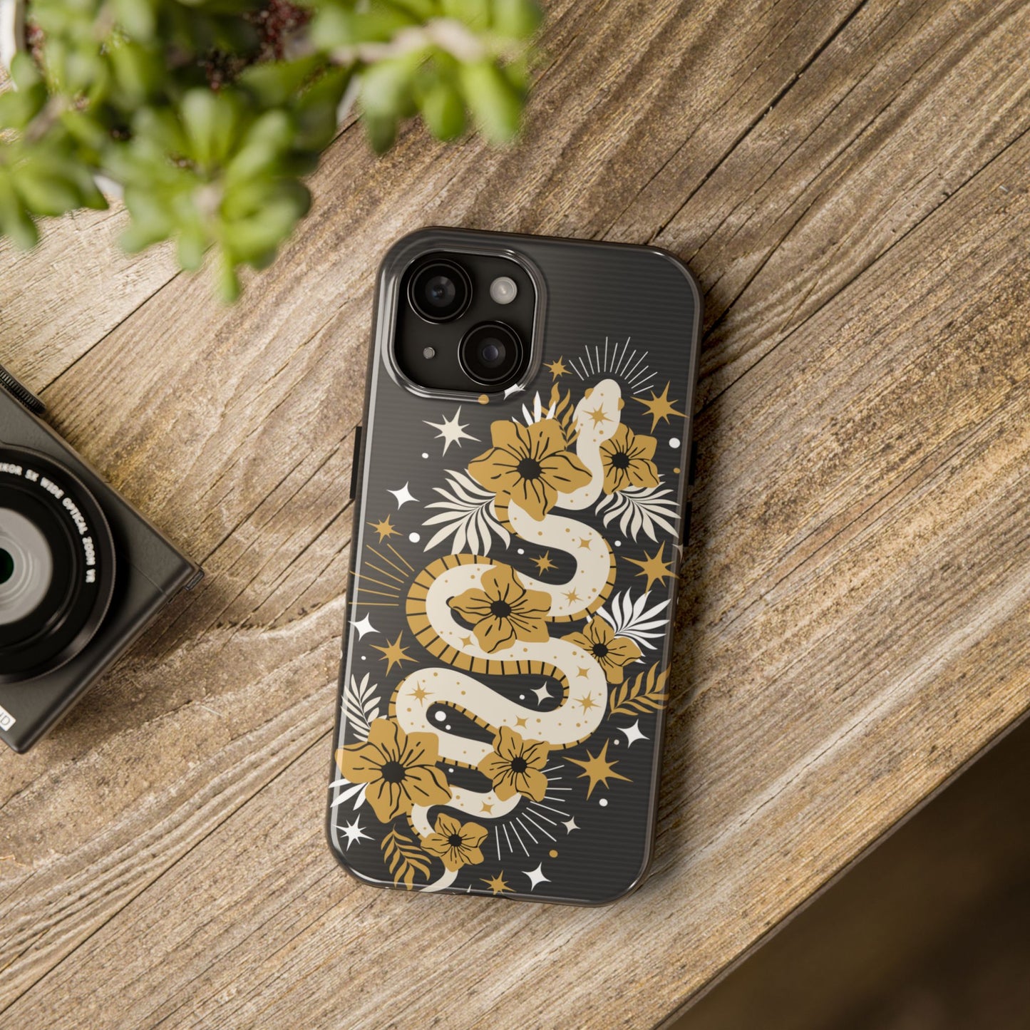 Mystic Snake Cell Phone Case, Black Tough Cases, Protective Floral Golden Serpent Boho Design