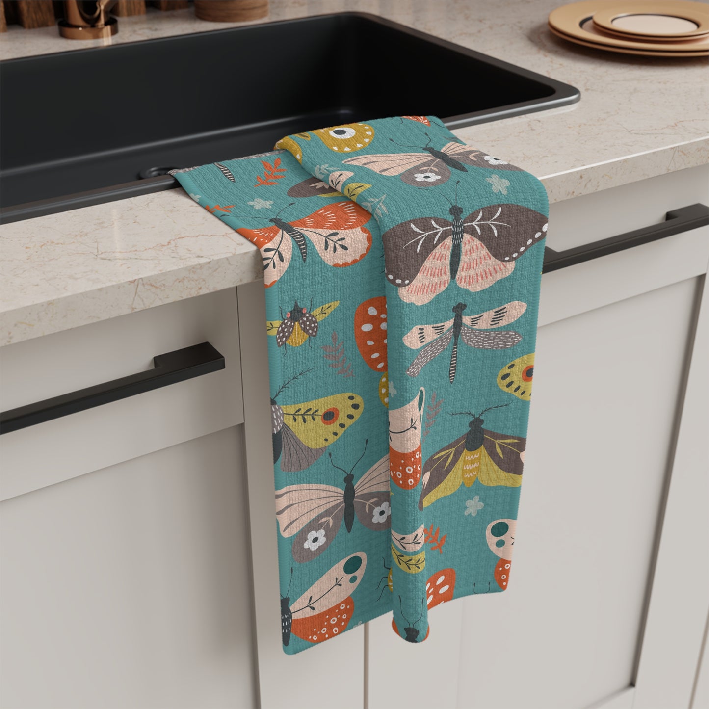 Flutter Frolic Moth, Butterfly, Dragonfly Bug Print Microfiber Tea Towel Cute Insect Kitchen Hand Towel