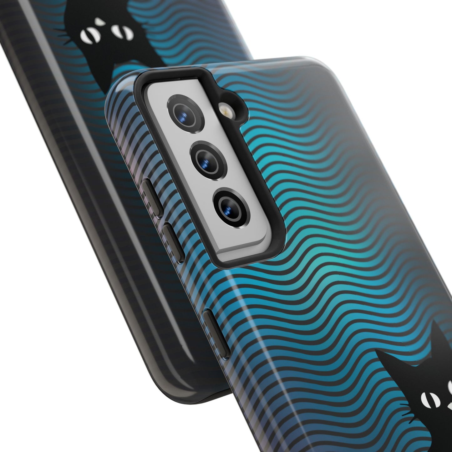 Black Cat Cell Phone Case | Peeking Kitty Graphic on Wavy Teal Background
