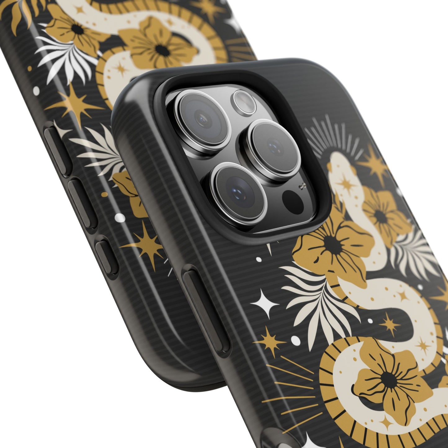 Mystic Snake Cell Phone Case, Black Tough Cases, Protective Floral Golden Serpent Boho Design