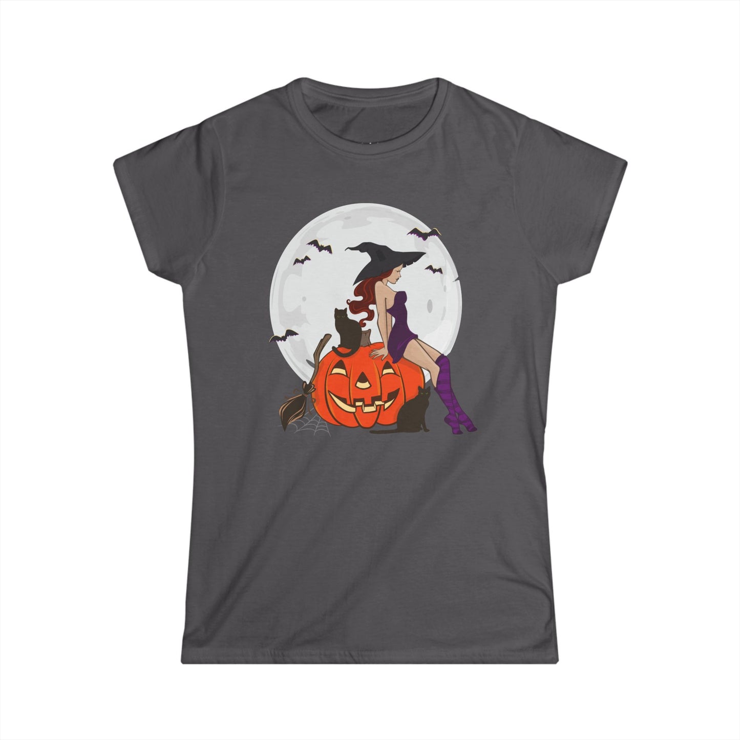 Pinup Witch Halloween Women's T-shirtJack-O-Lantern Pumpkin Ladies Soft Cotton Fitted Witchy Goth Tee, Fall Apparel