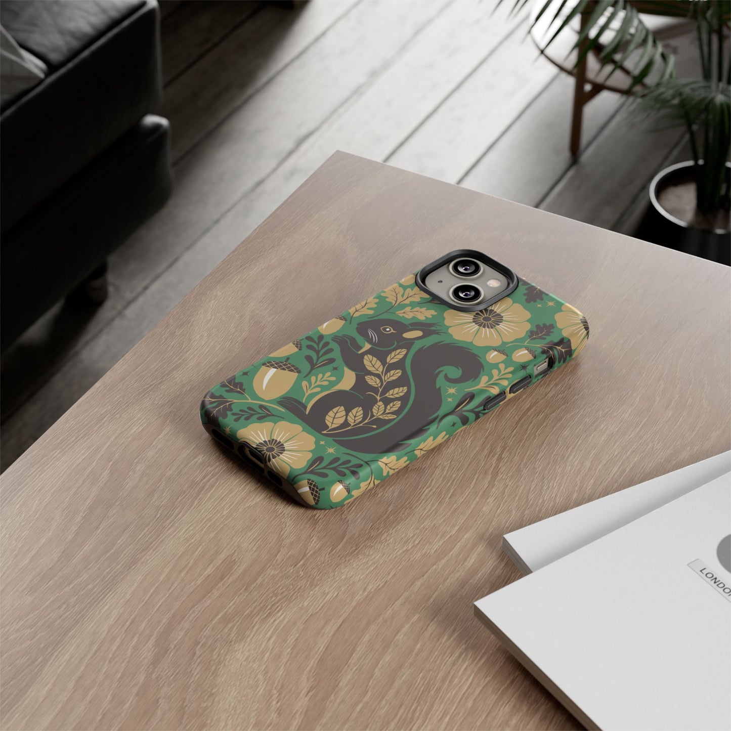 Green Squirrel Floral Pattern Cell Phone Case | Botanical Folk Art Acorn Leaves Design, Iphone Google Pixel Samsung Cases Matte Finish