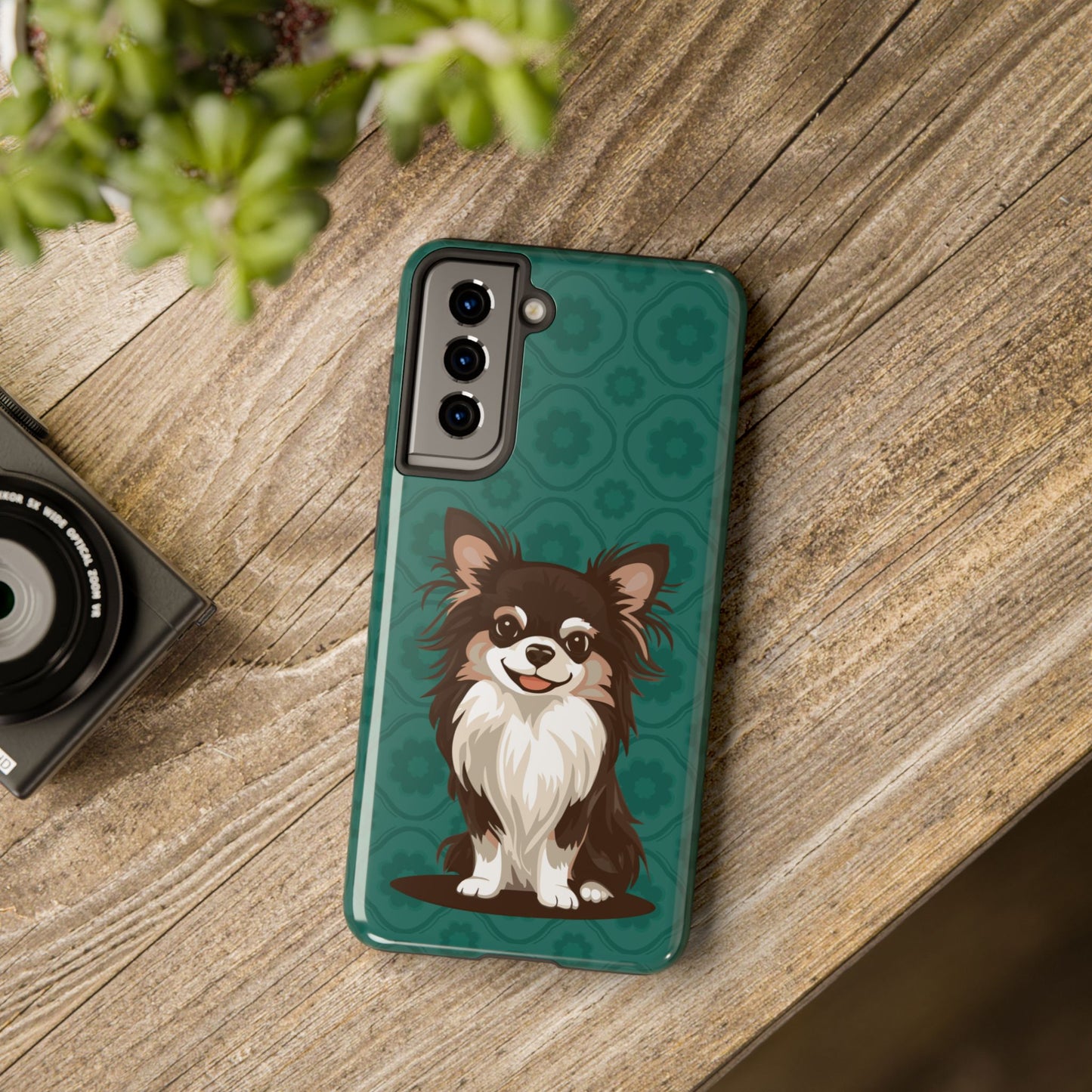 Long Haired Chihuahua Dog Phone Case, Tough Phone Cases Pet Dogs Teal Pattern