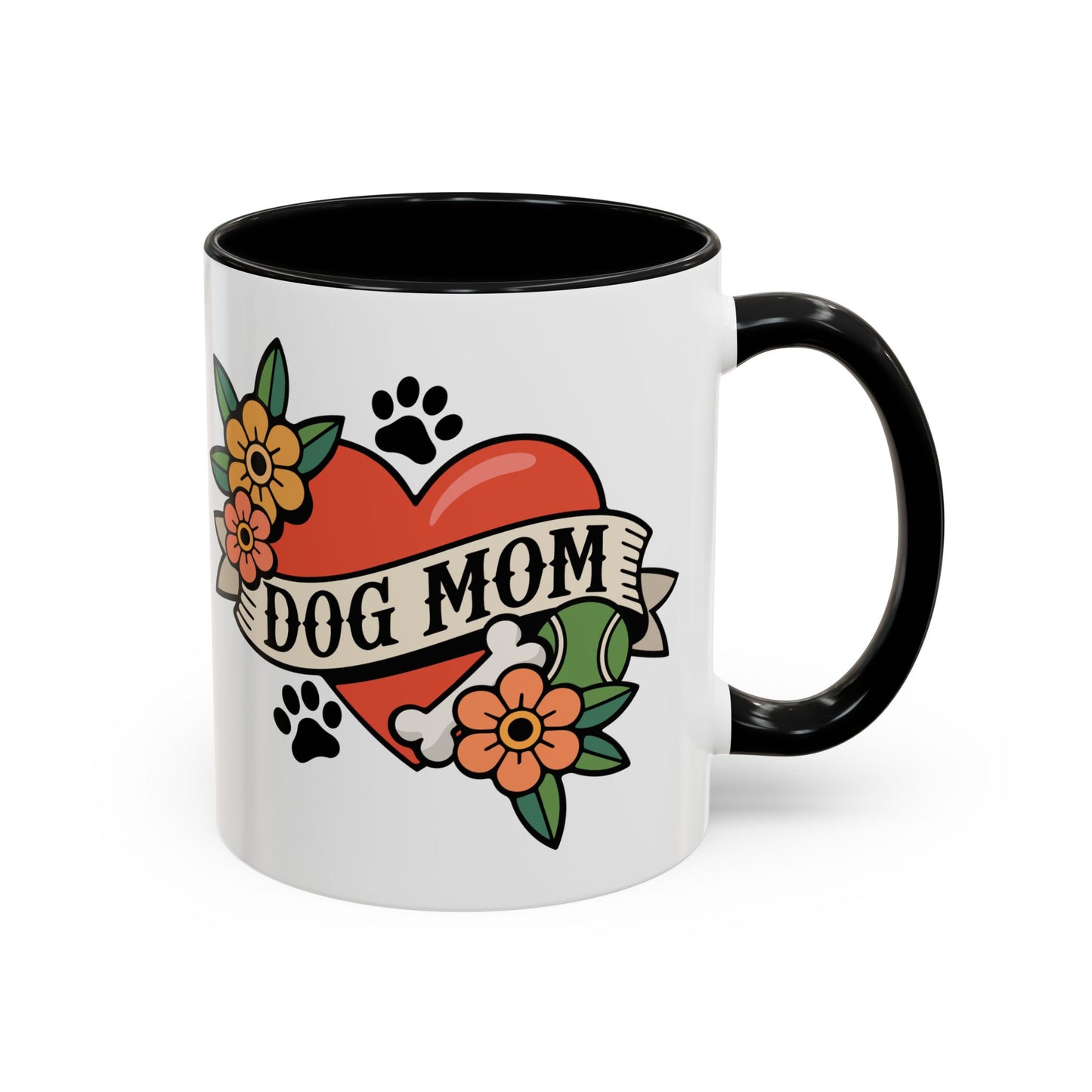 Dog Mom Heart Tattoo Design Black Accent Mug, 11oz Ceramic Tea Coffee Cup, Furbaby Dog Lady Pet Mugs