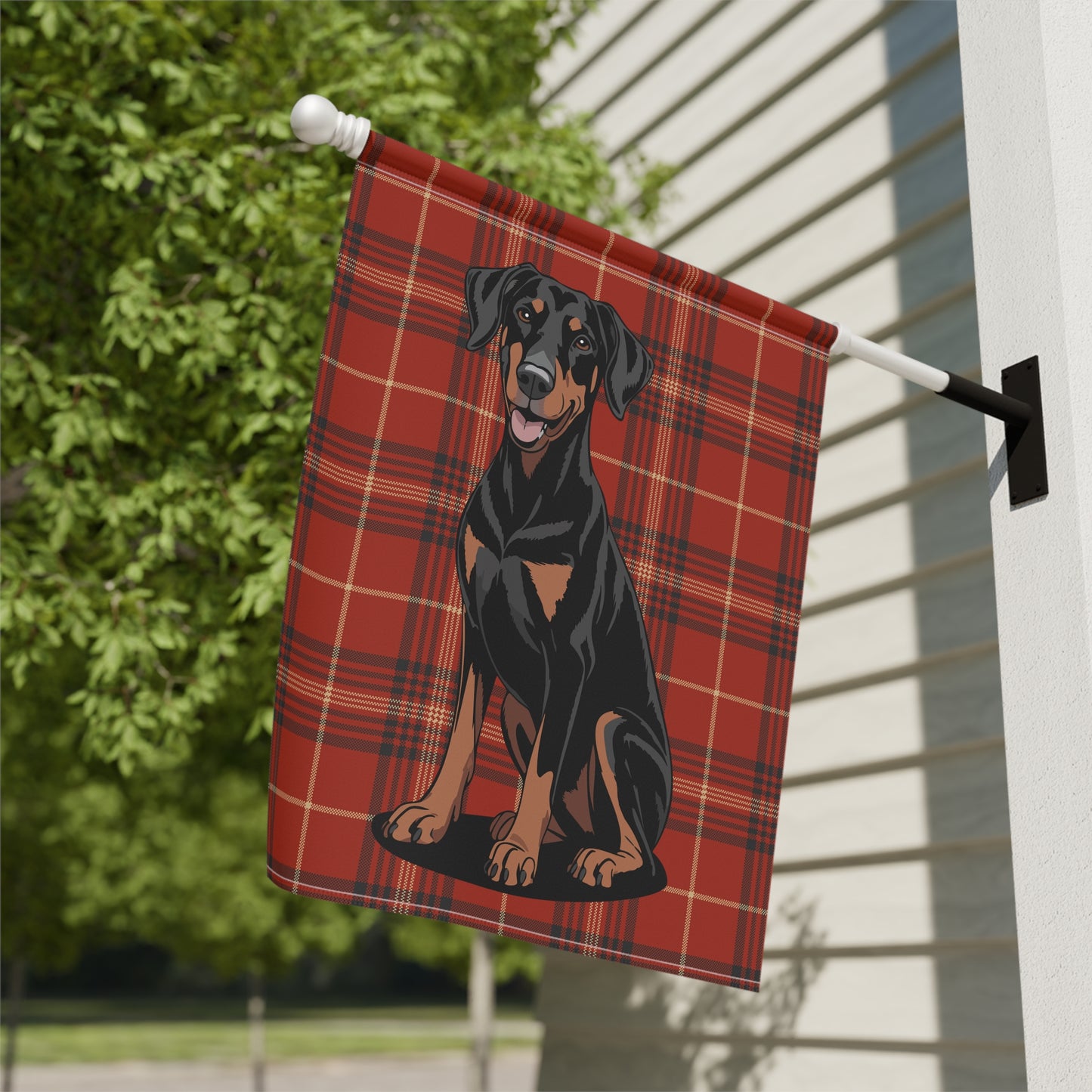 Doberman Pinscher Red Plaid Outdoor Garden Flag, Christmas Holiday Yard Decorations
