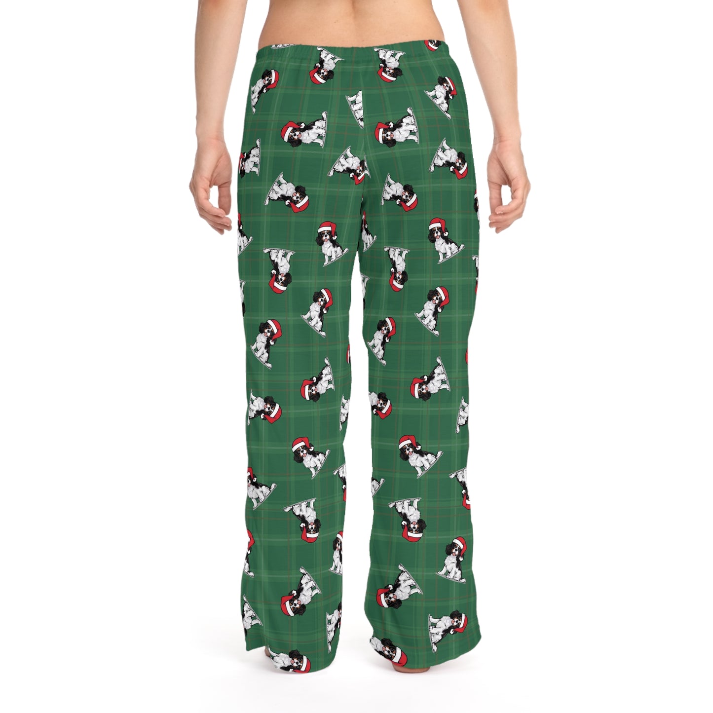 Tricolor Cavalier King Charles Spaniel Dog Womens Christmas Pajama Pants, Santa Dogs Green PJ Bottoms
