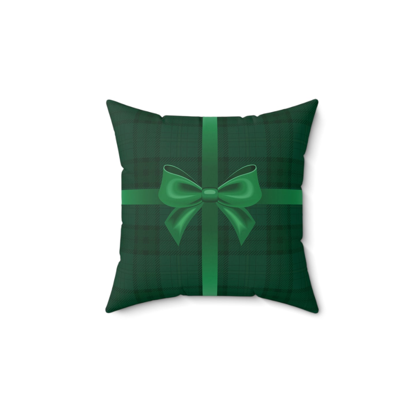 Holiday Gift Throw Pillow, Green Bow on Green Plaid Wrapped Present Pillows, Christmas Home Decor Xmas Decorations, Square Cushion and Cover