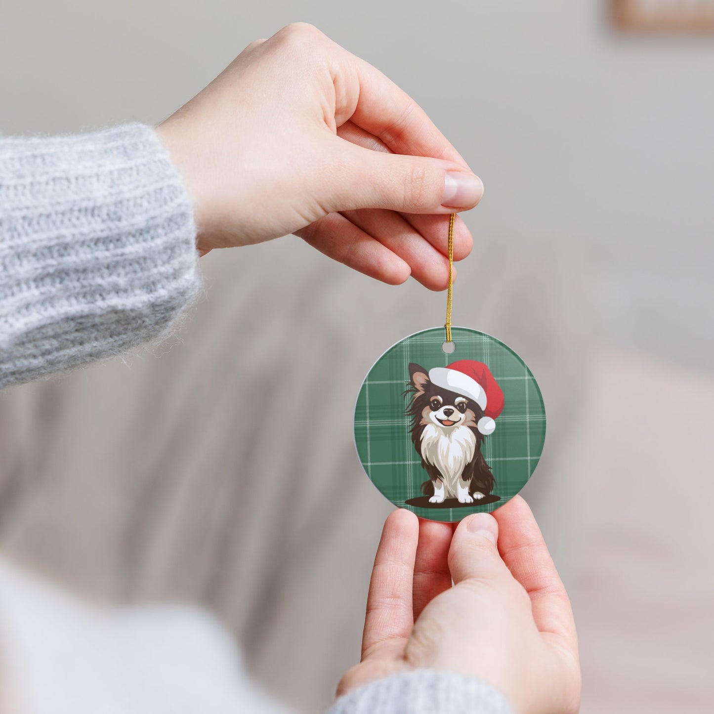 Santa Long Haired Chihuahua Dog Christmas Tree Ornament, Xmas Dogs Holiday Decorations, Pet Lover Gift, Red Plaid Ceramic Ornaments