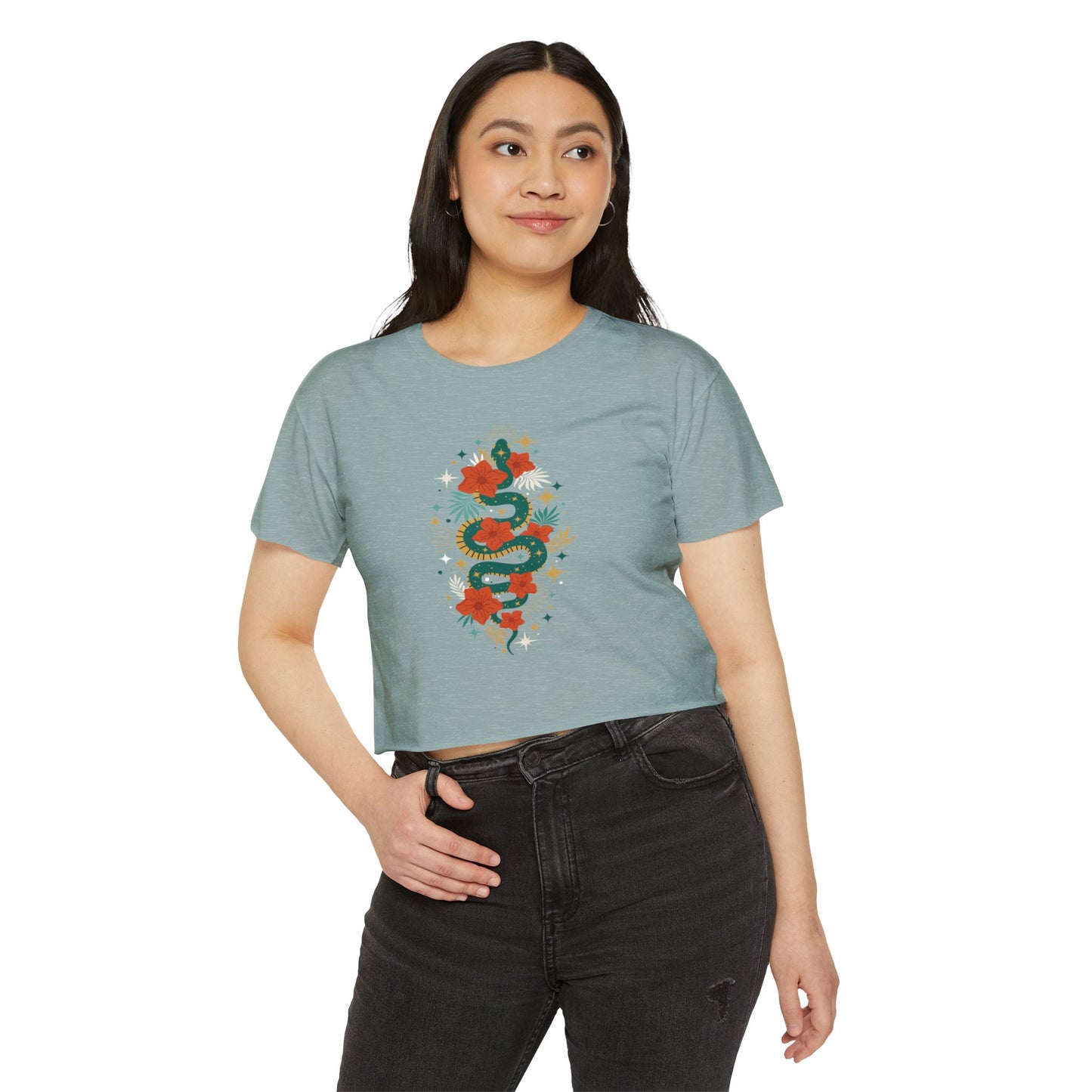 Mystic Jade Snake Women's Boho Crop Top, Festival T-shirt, Bohemian Serpent Shirt, Hippie Tee, Occult Cropped Shirt, Festival Clothing