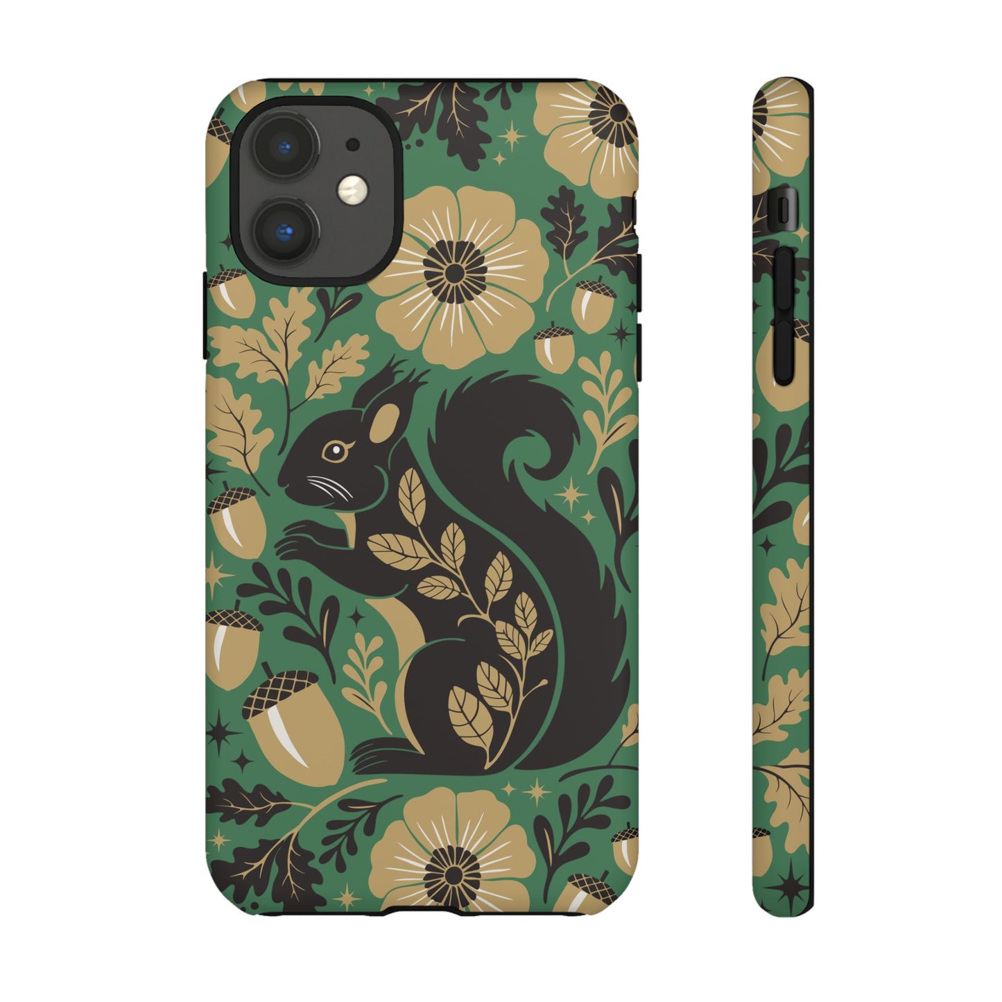 Green Squirrel Floral Pattern Cell Phone Case | Botanical Folk Art Acorn Leaves Design, Iphone Google Pixel Samsung Cases Matte Finish