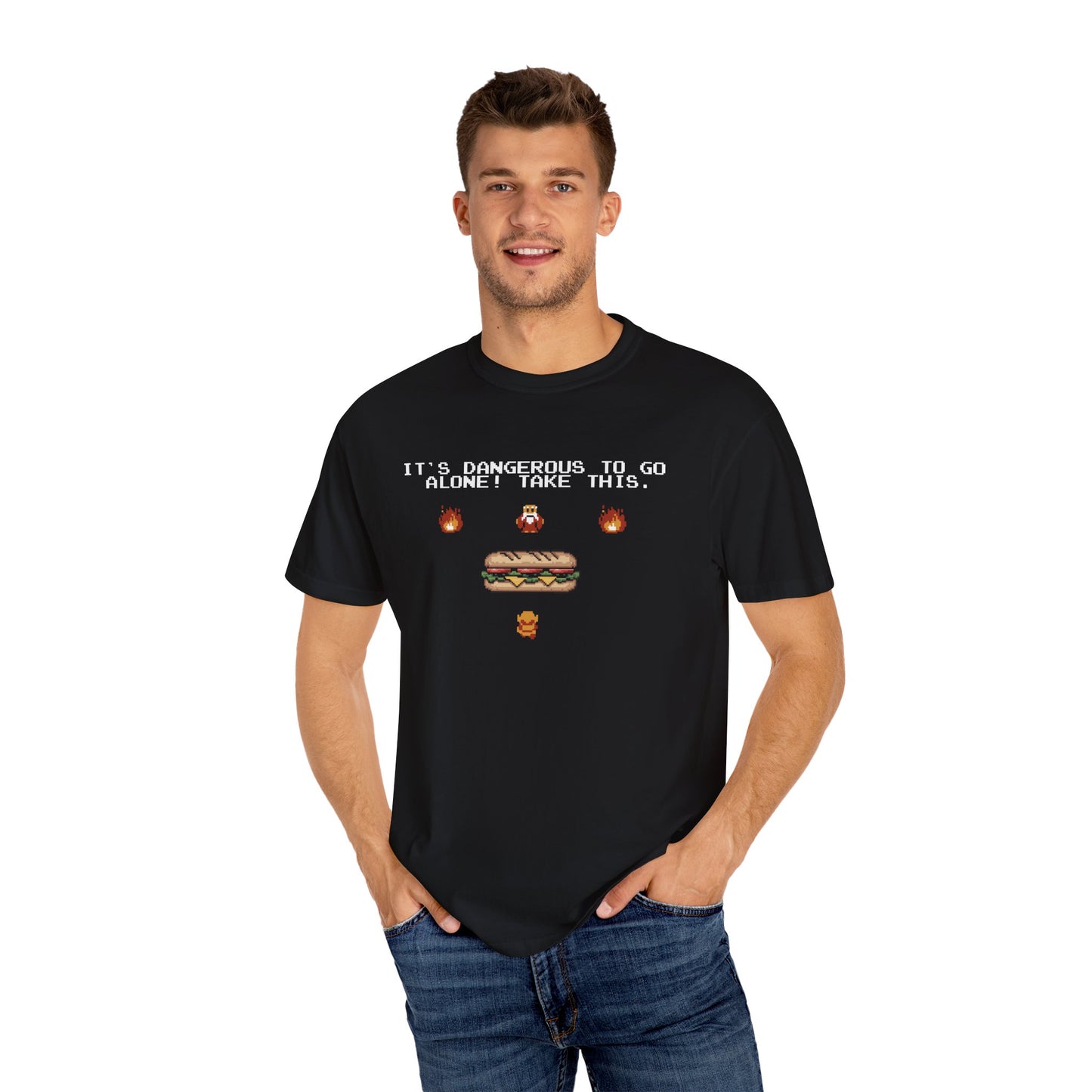 It's Dangerous To Go Alone, Take This! Funny Sub Sandwich Gamer T-Shirt, Retro Political Humor Anti-Fascists Leftist Video Game Shirts