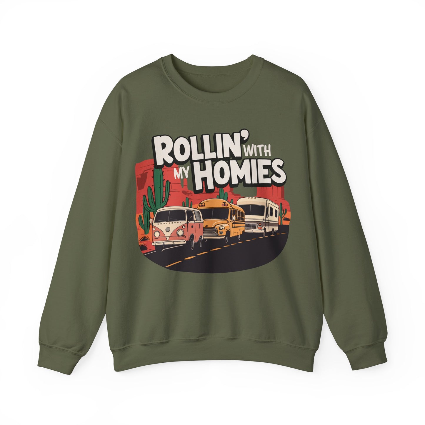 Rollin' With My Homies Sweatshirt Van Skoolie RV Vanlife Caravan in the Desert Black Long Sleeve Crewneck Sweatshirts Pullover Sweater