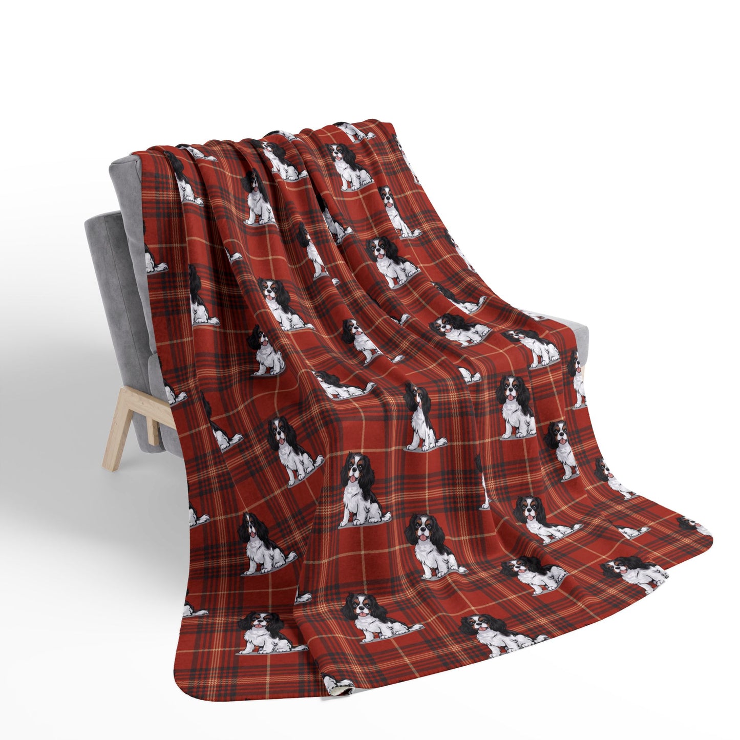 Tricolor Cavalier King Charles Spaniel Red Plaid Fleece Sherpa Blanket, Dogs Pattern Throw Blankets Bedding