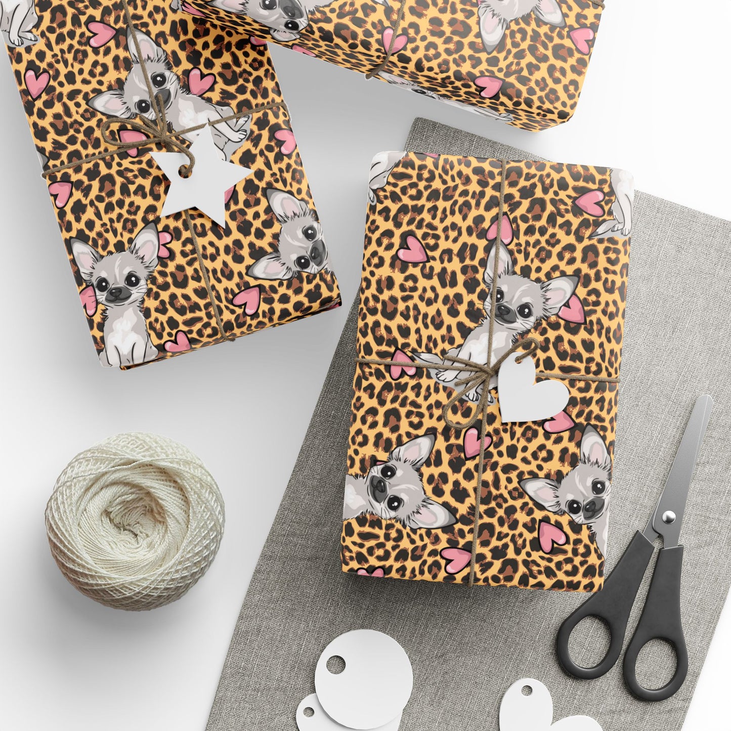 Chihuahua Love Leopard Print Wrapping Paper, Chihuahuas Dog & Hearts Cheetah Pattern Gift Wrap, Birthday Valentine's Day Gifts